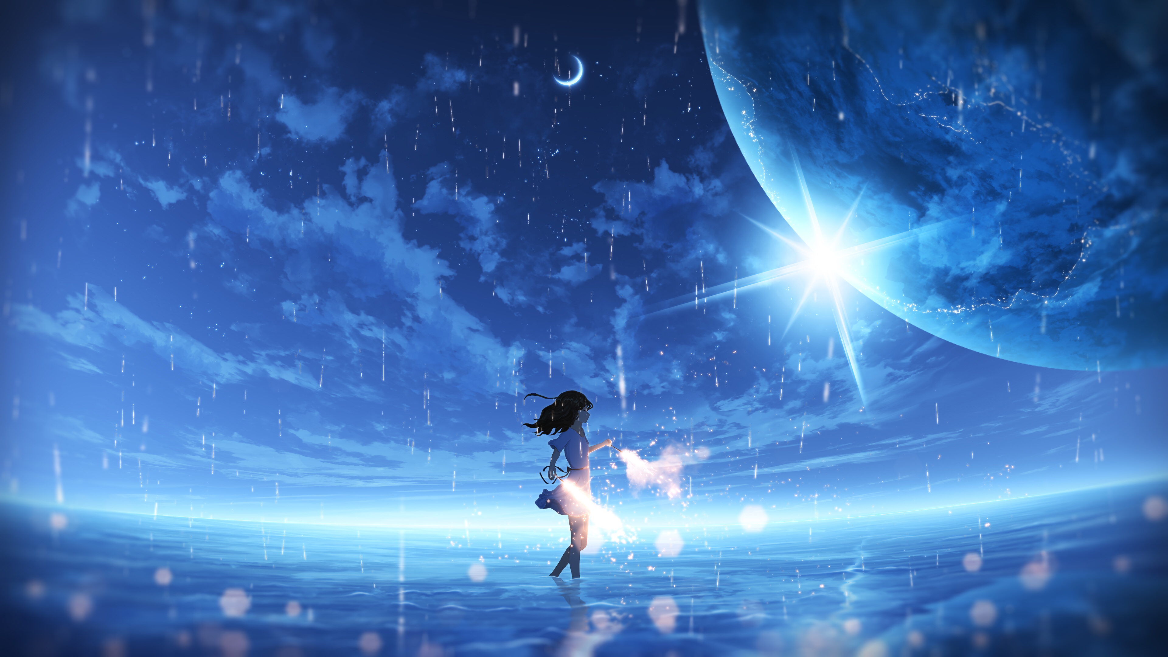 Download mobile wallpaper Anime, Water, Rain, Moon, Dress, Original for free.