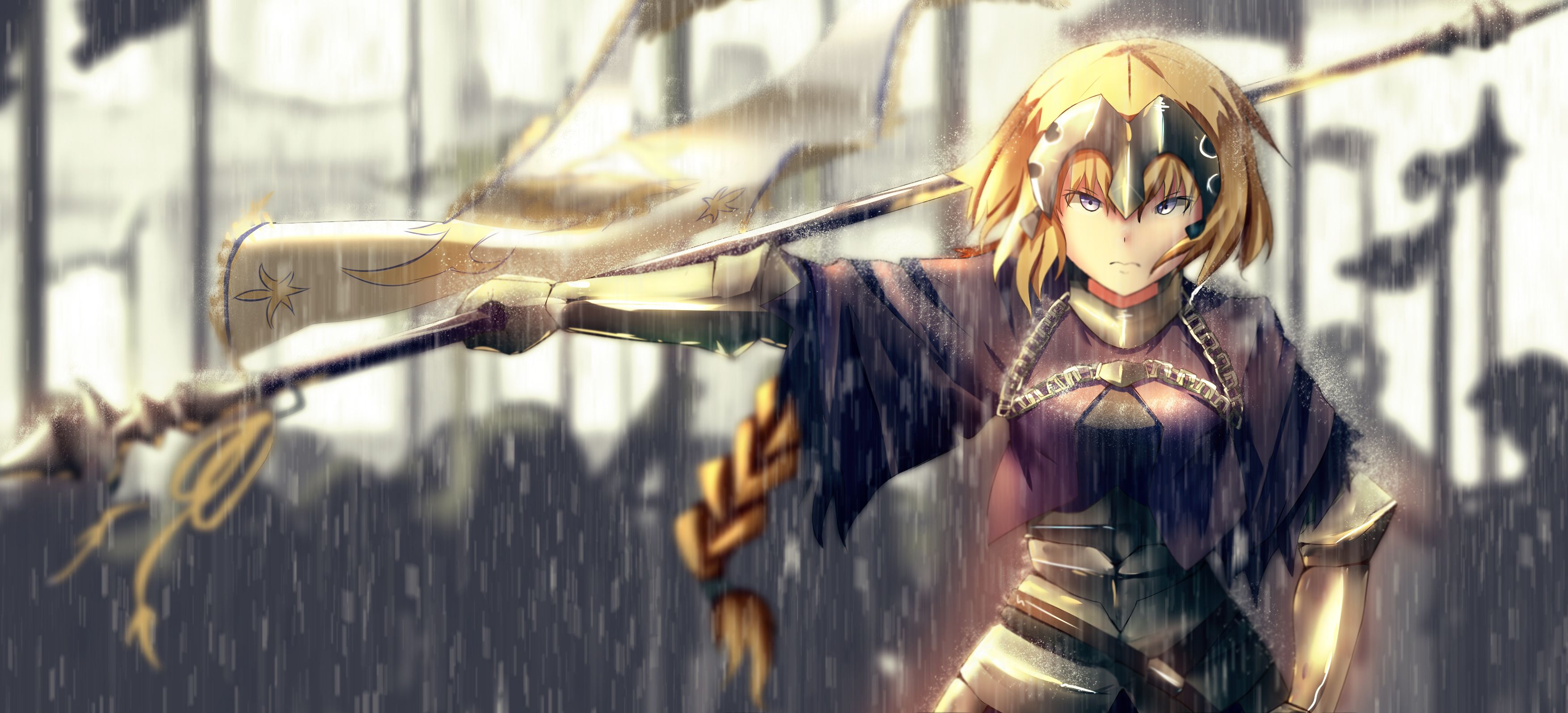 Free download wallpaper Anime, Rain, Blonde, Flag, Armor, Long Hair, Purple Eyes, Fate/grand Order, Jeanne D'arc (Fate Series), Ruler (Fate/apocrypha), Fate Series on your PC desktop