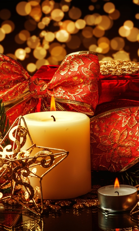 Téléchargez des papiers peints mobile Noël, Vacances, Cadeau, Décorations De Noël, Bokeh, Bougie, Ruban gratuitement.