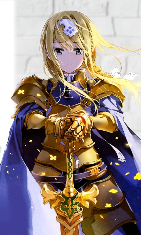 cloak, anime, sword art online: alicization, armor, sword, long hair, blonde, alice zuberg, sword art online