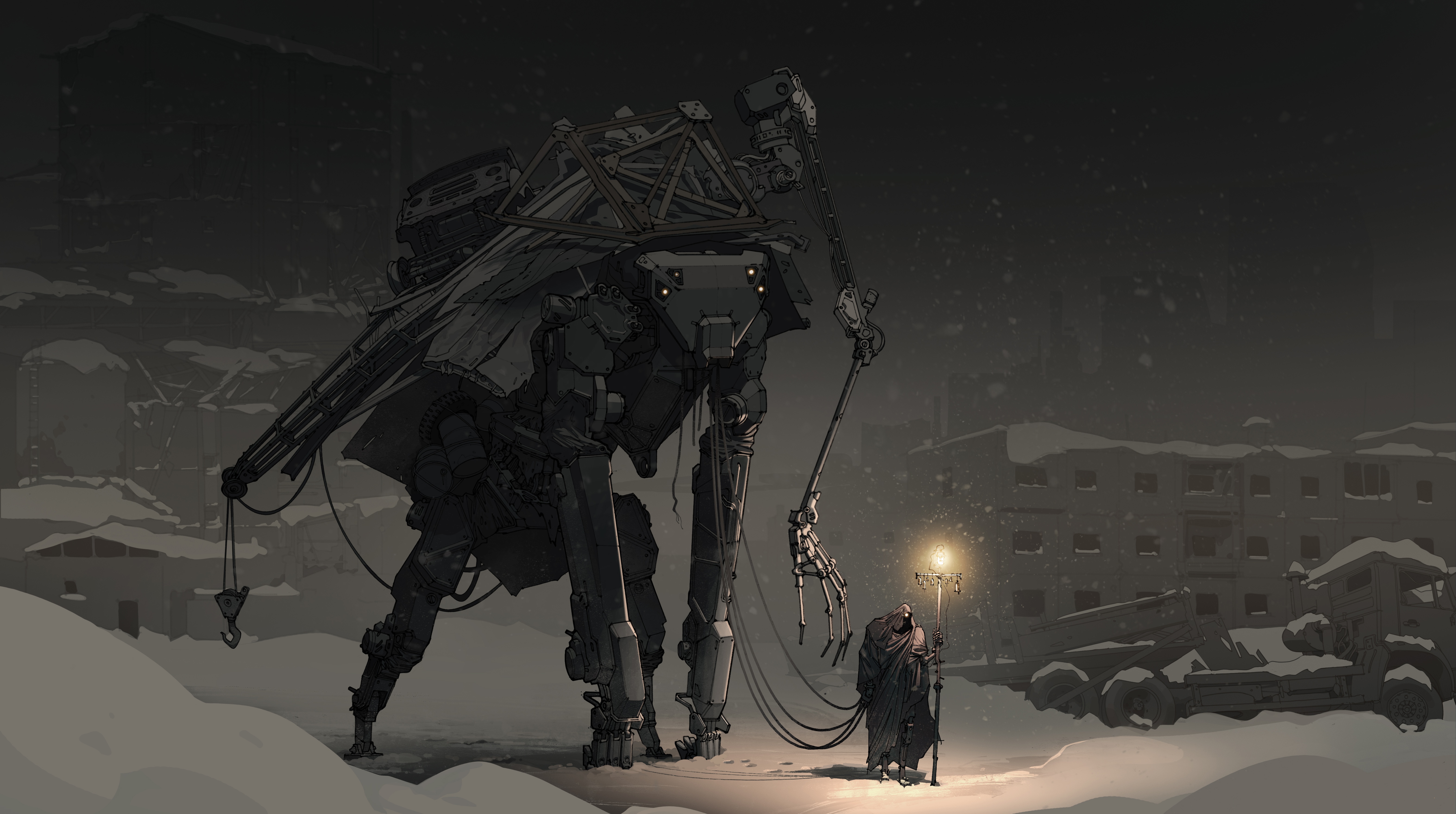 Download mobile wallpaper Night, Snow, Robot, Sci Fi, Snowfall, Post Apocalyptic for free.