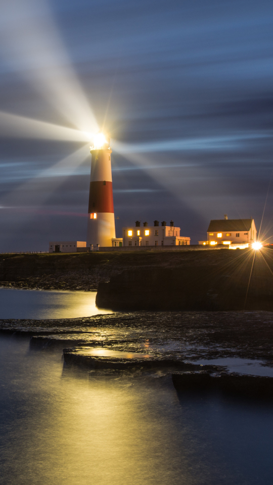 Download mobile wallpaper Night, Coast, Light, Lighthouse, England, Man Made for free.