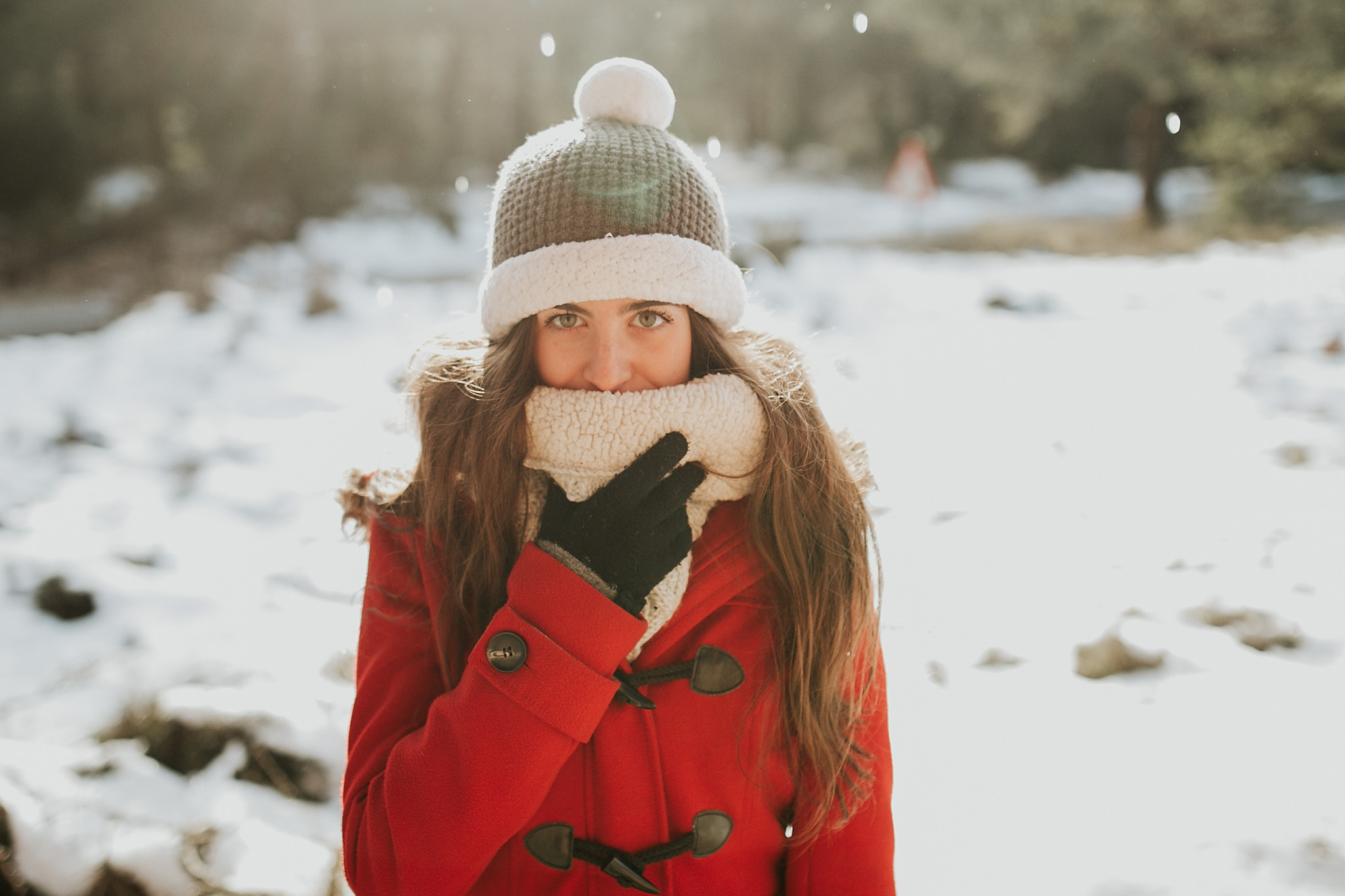 Download mobile wallpaper Winter, Snow, Hat, Brunette, Model, Women, Stare, Depth Of Field for free.