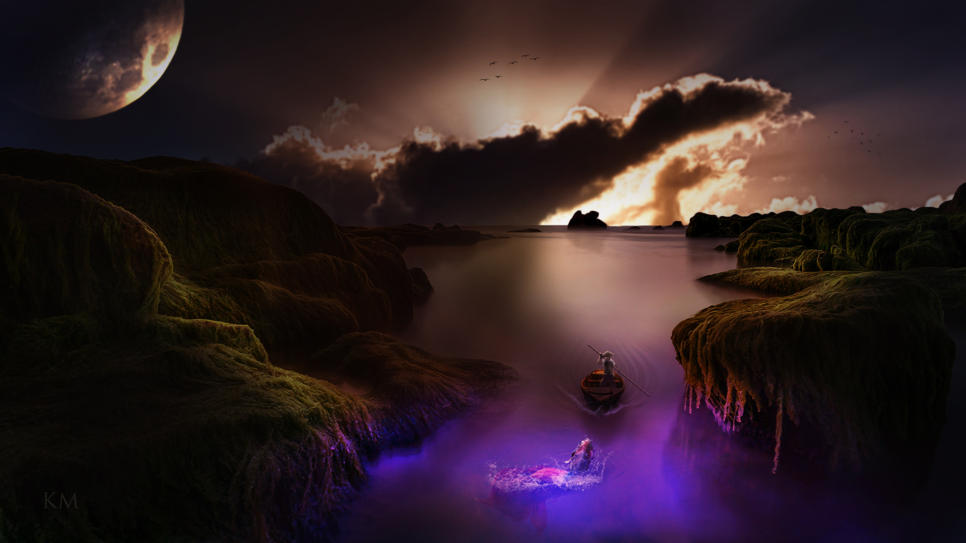 Laden Sie das Landschaft, Fantasie, Mond, Fluss, Boot, Himmel-Bild kostenlos auf Ihren PC-Desktop herunter