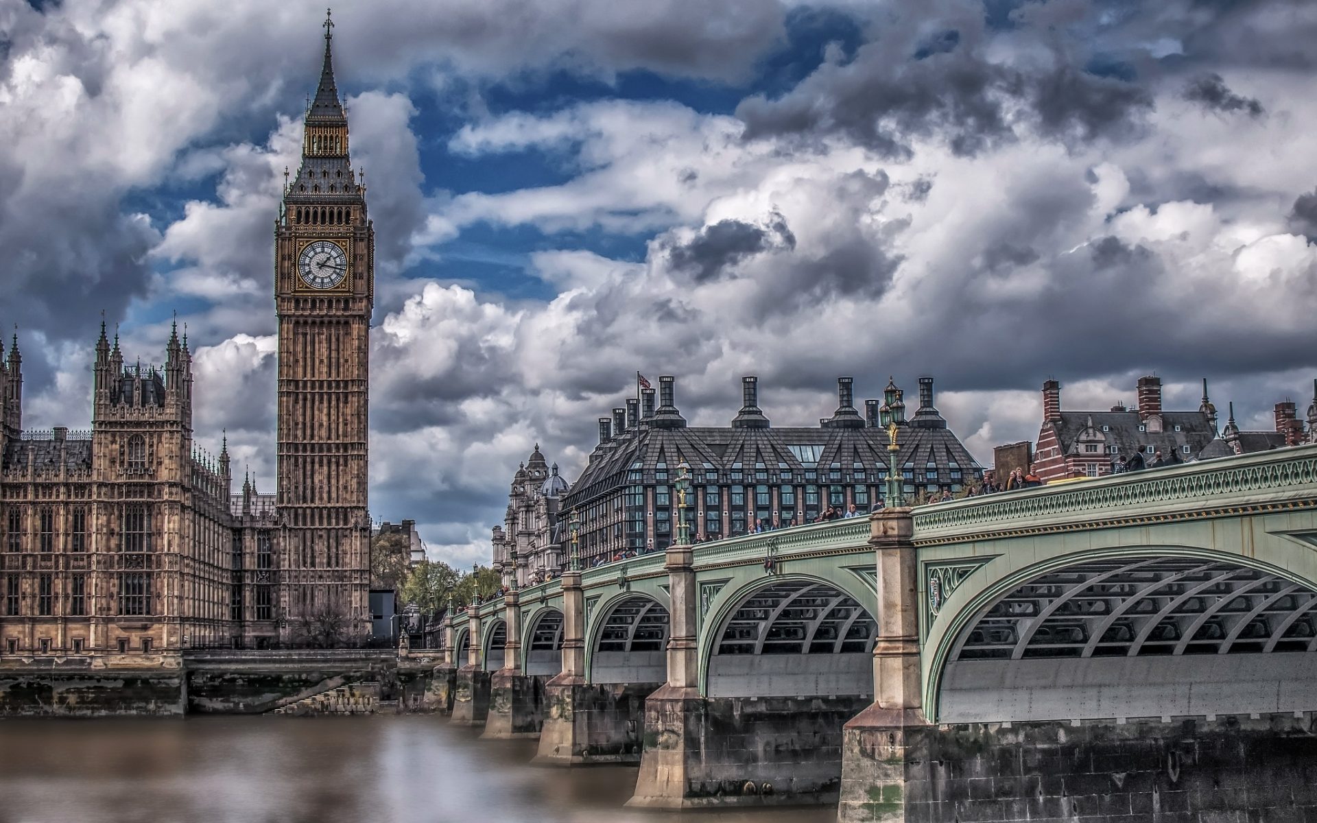 Скачать обои бесплатно Облака, Памятники, Лондон, Мост, Сделано Человеком, Большой Бен картинка на рабочий стол ПК