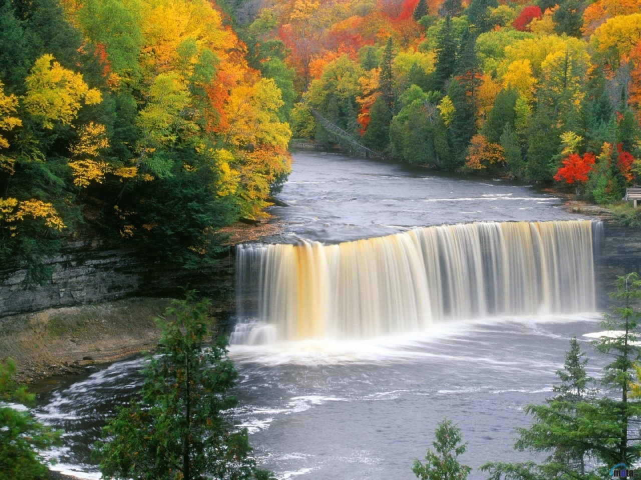 waterfalls, rivers, landscape, trees, autumn Full HD
