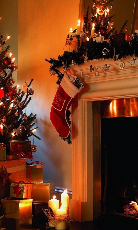 Handy-Wallpaper Feiertage, Weihnachten, Geschenk, Weihnachtsschmuck, Weihnachtsbaum, Kamin, Ferien, Feiertag kostenlos herunterladen.