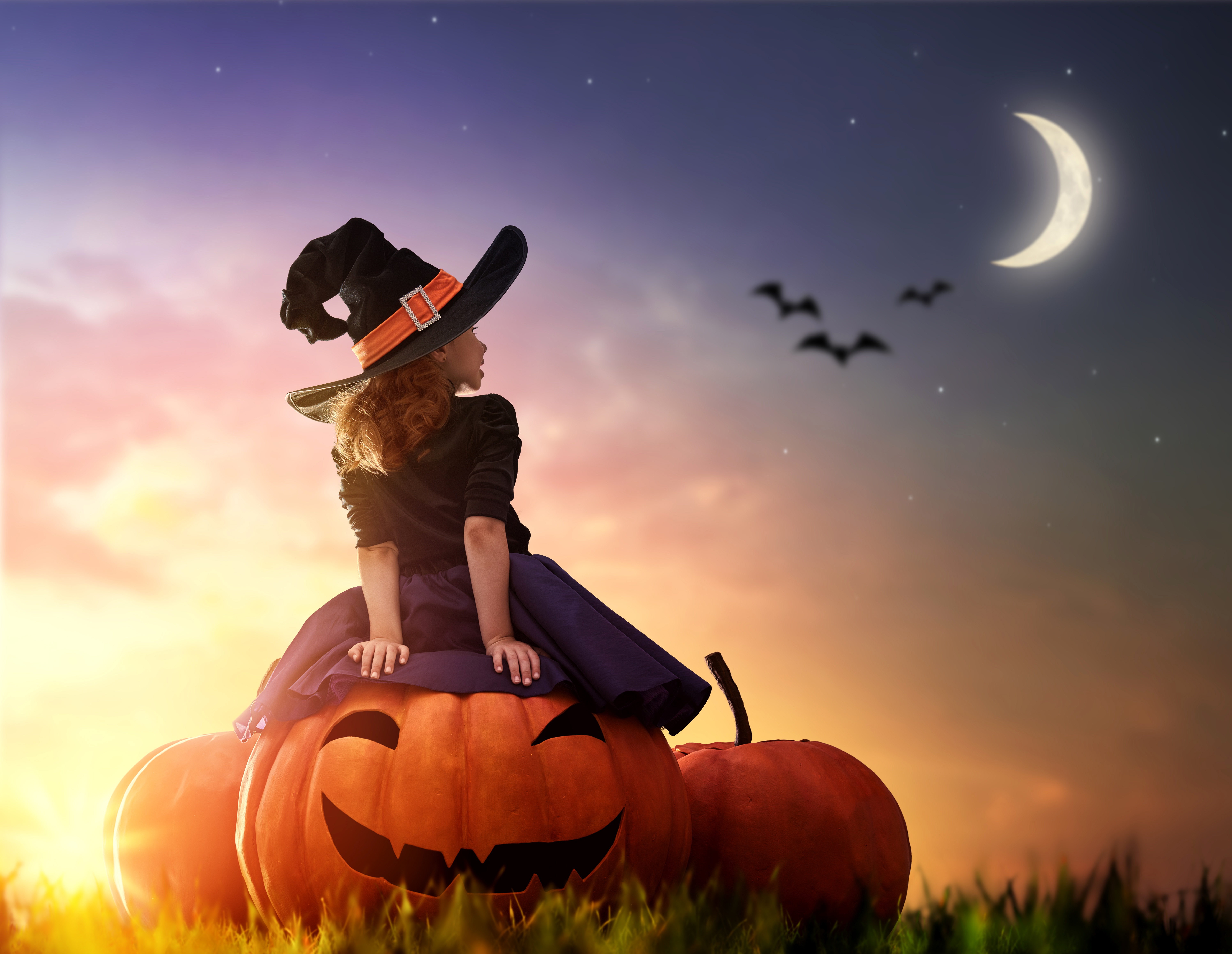 Laden Sie das Halloween, Mond, Kürbis, Kind, Fotografie, Hexen Hut-Bild kostenlos auf Ihren PC-Desktop herunter