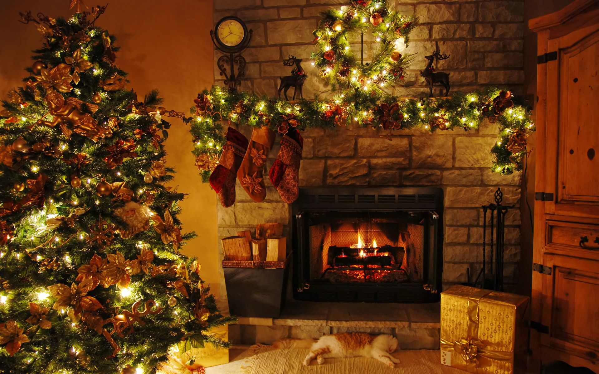 Download mobile wallpaper Light, Christmas, Holiday, Christmas Tree, Fireplace for free.