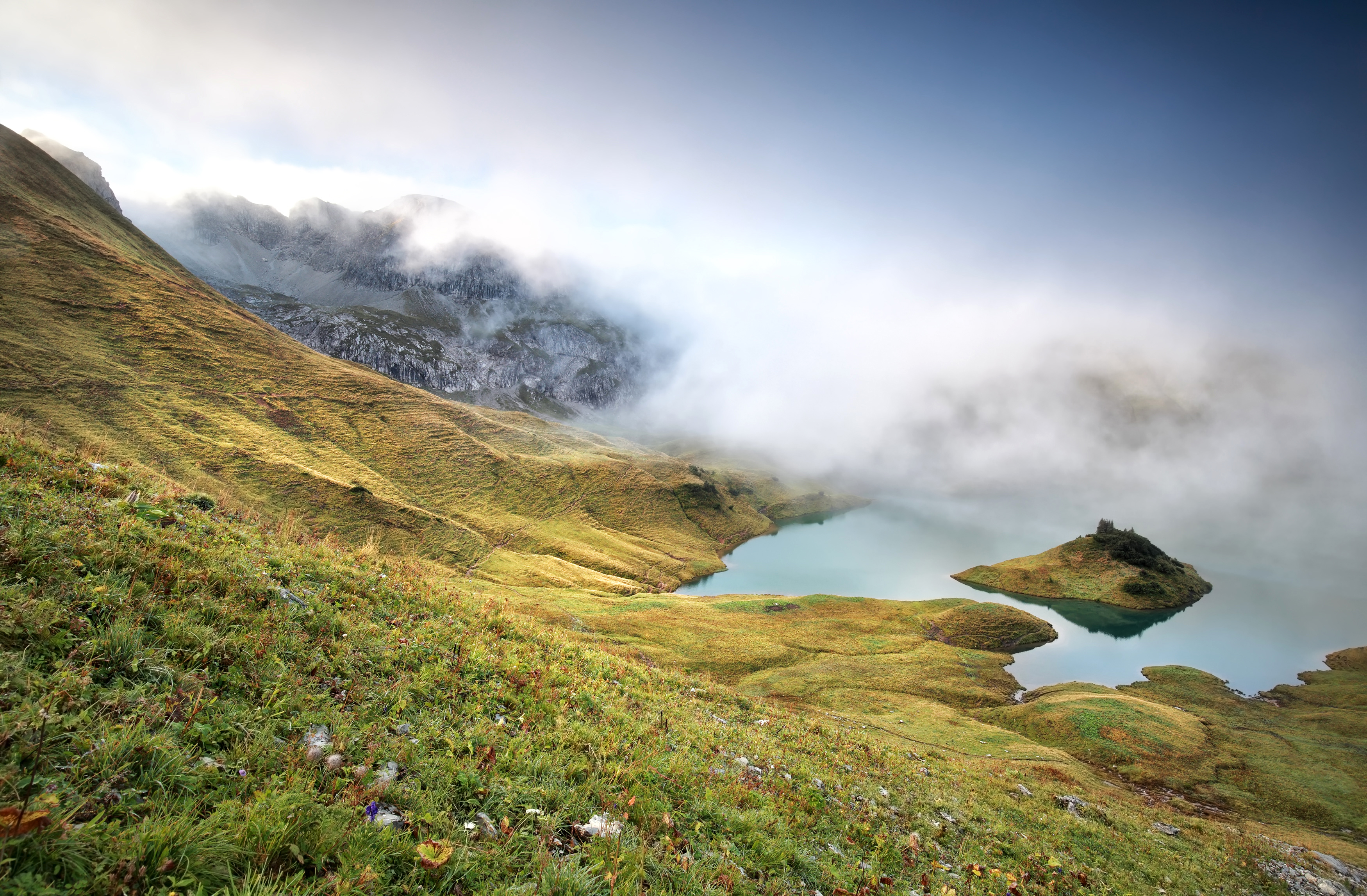 PCデスクトップに自然, 湖, 霧, 地球, 小島画像を無料でダウンロード
