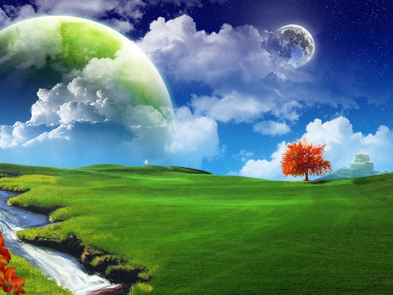 Free download wallpaper Landscape, Grass, Sky, Planets on your PC desktop