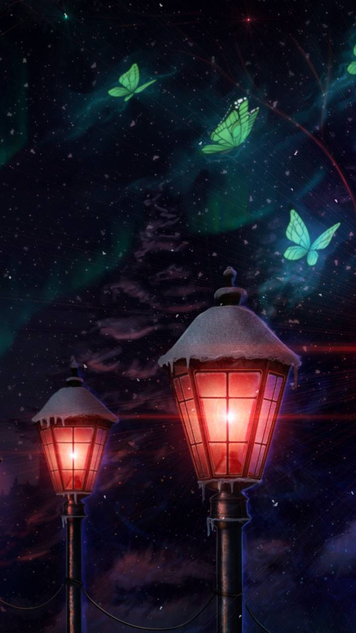 Download mobile wallpaper Anime, Winter, Fantasy, Night, Snow, Butterfly, Lantern, Original for free.