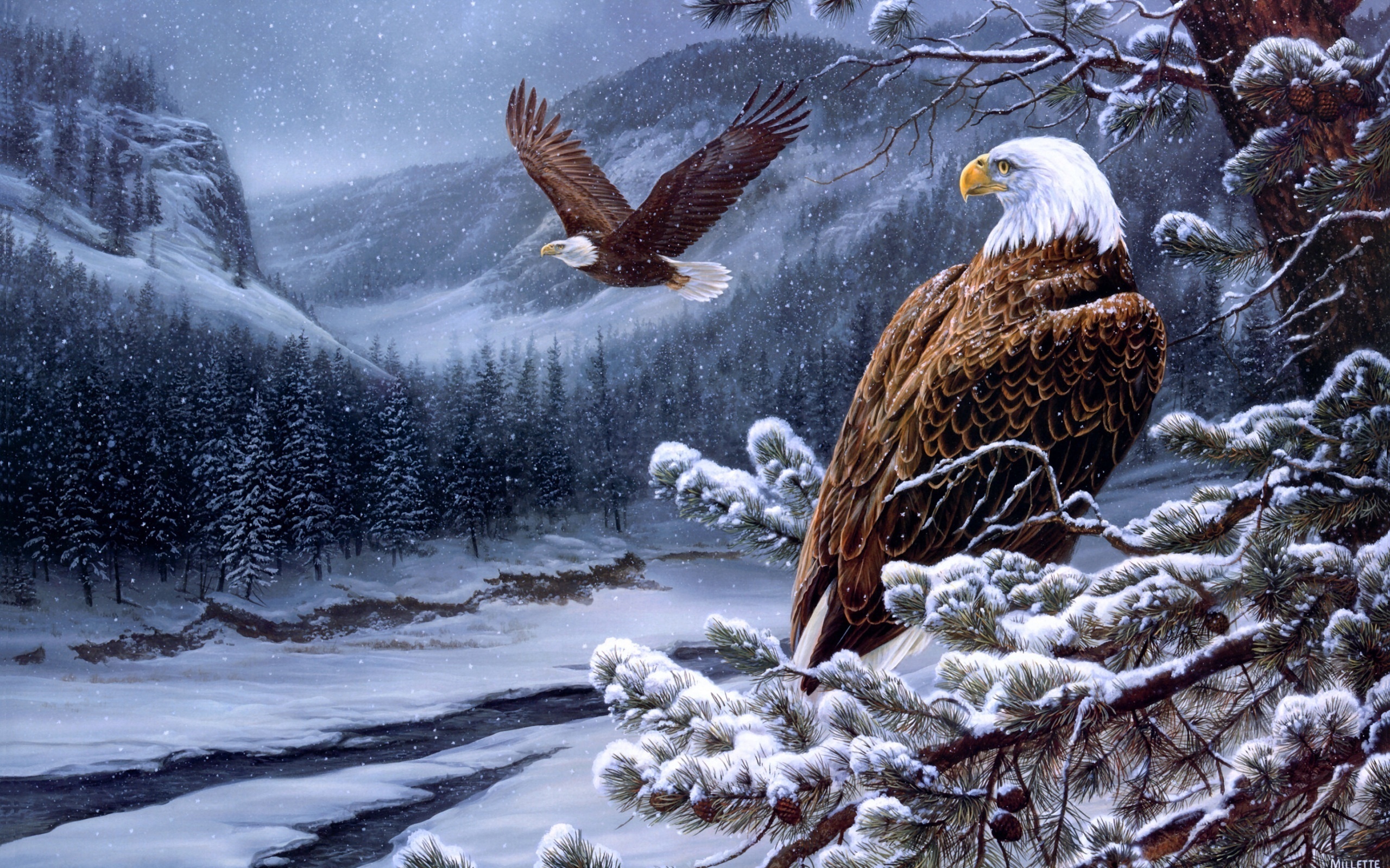347125 завантажити картинку живопис, птах, тварина, білоголовий орлан, орел, зима, птахи - шпалери і заставки безкоштовно
