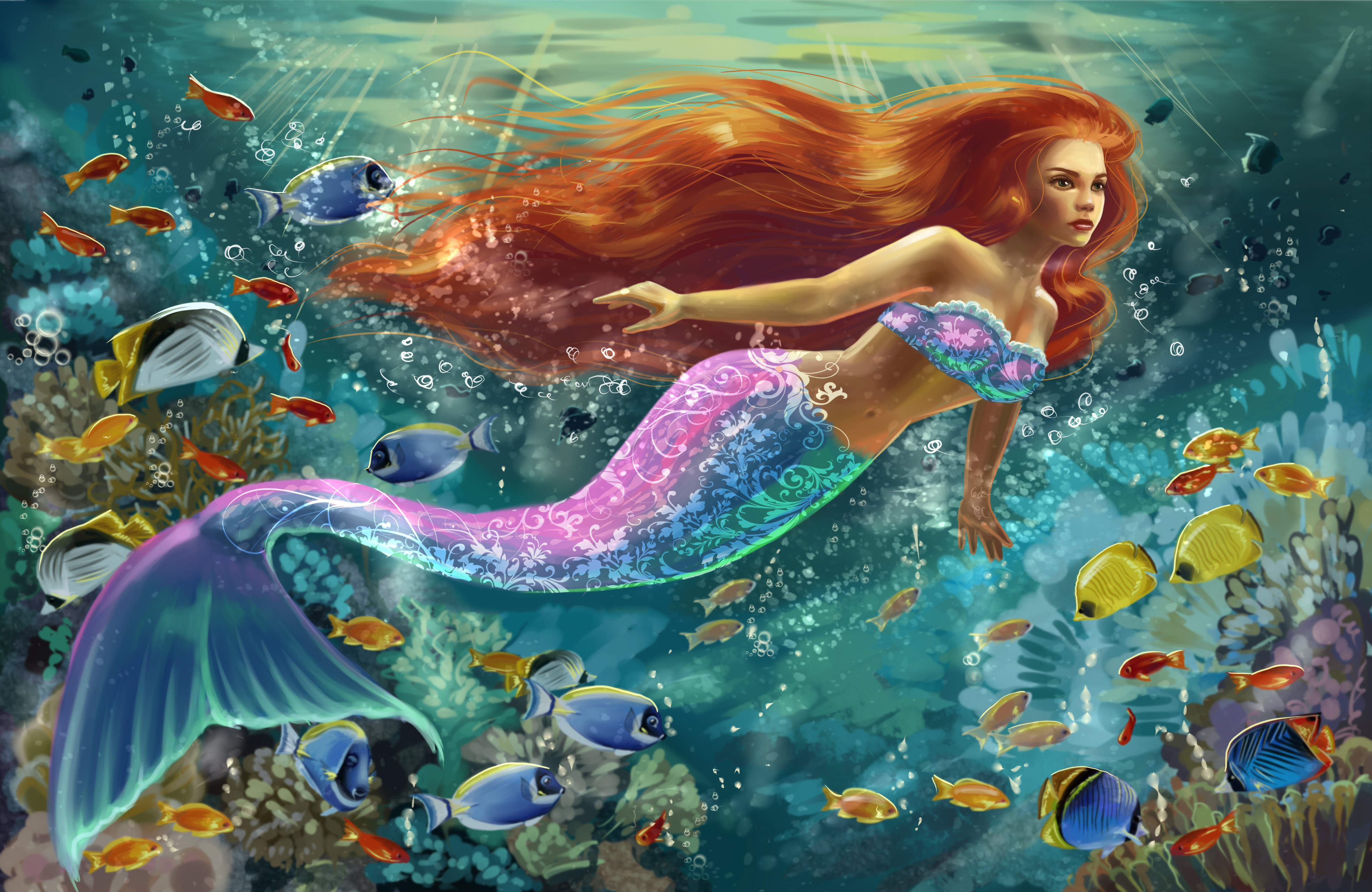 Download mobile wallpaper Fantasy, Fish, Mermaid, Long Hair, Red Hair for free.