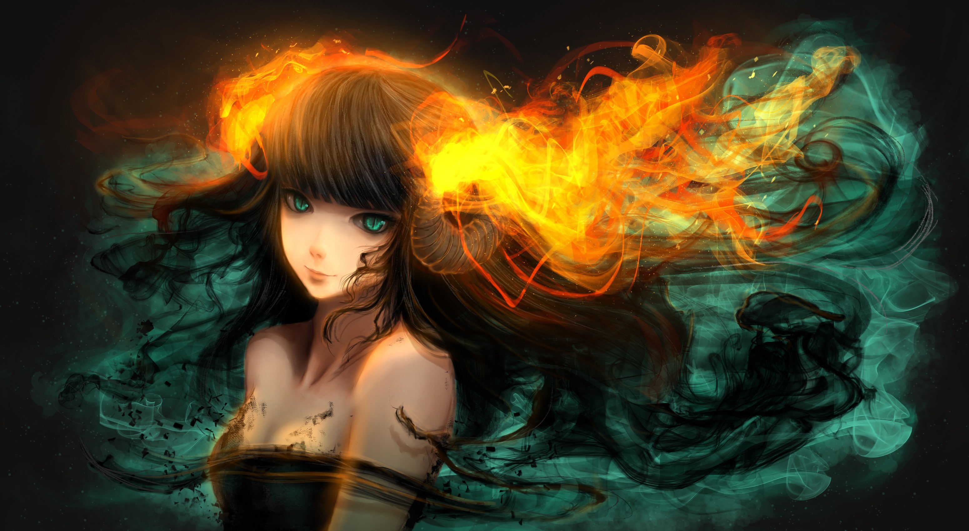 Free download wallpaper Anime, Fire, Girl, Hair, Horns, Green Eyes, Black Hair, Long Hair on your PC desktop