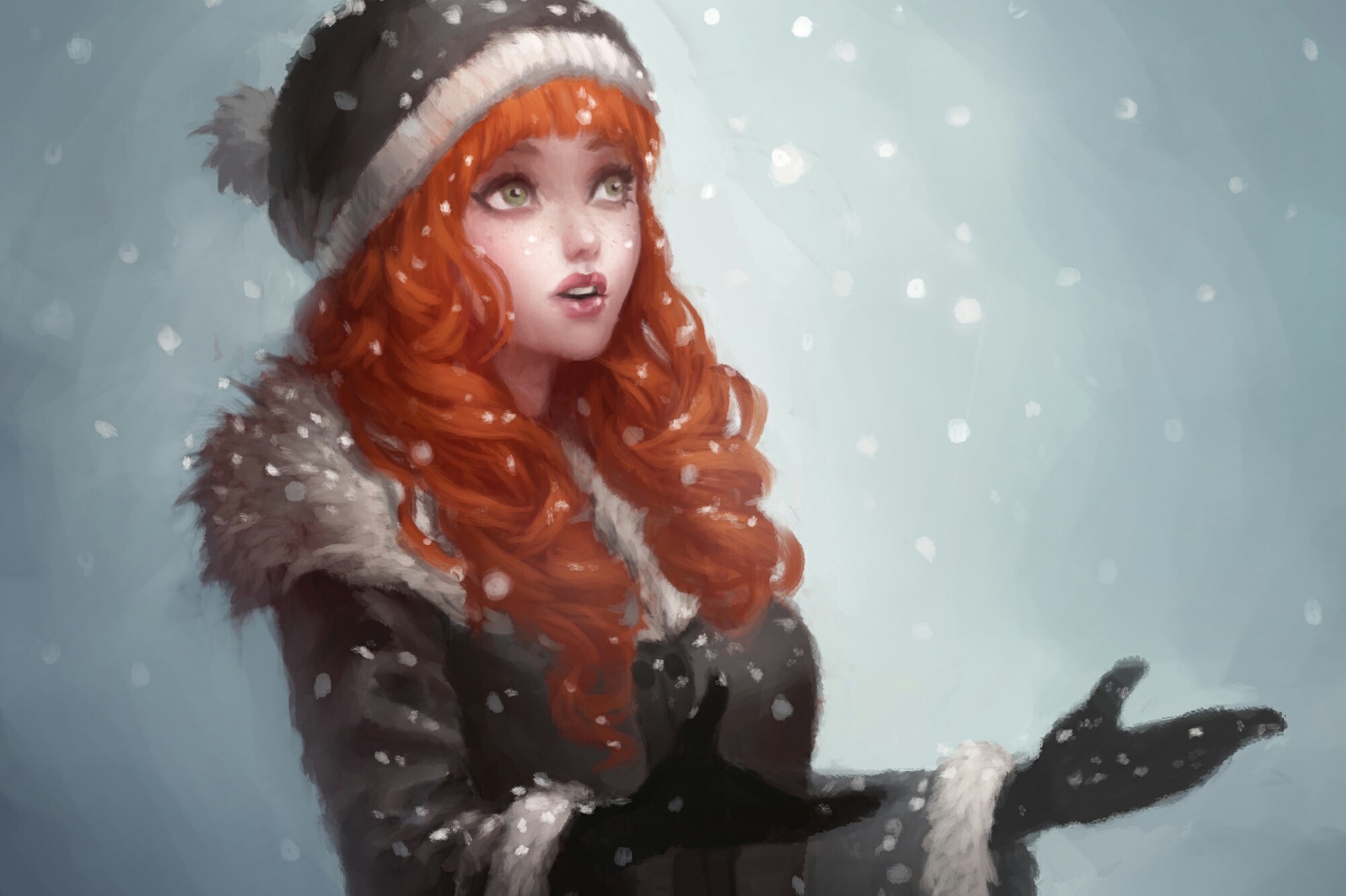 Download mobile wallpaper Winter, Artistic, Women, Snowfall, Freckles for free.