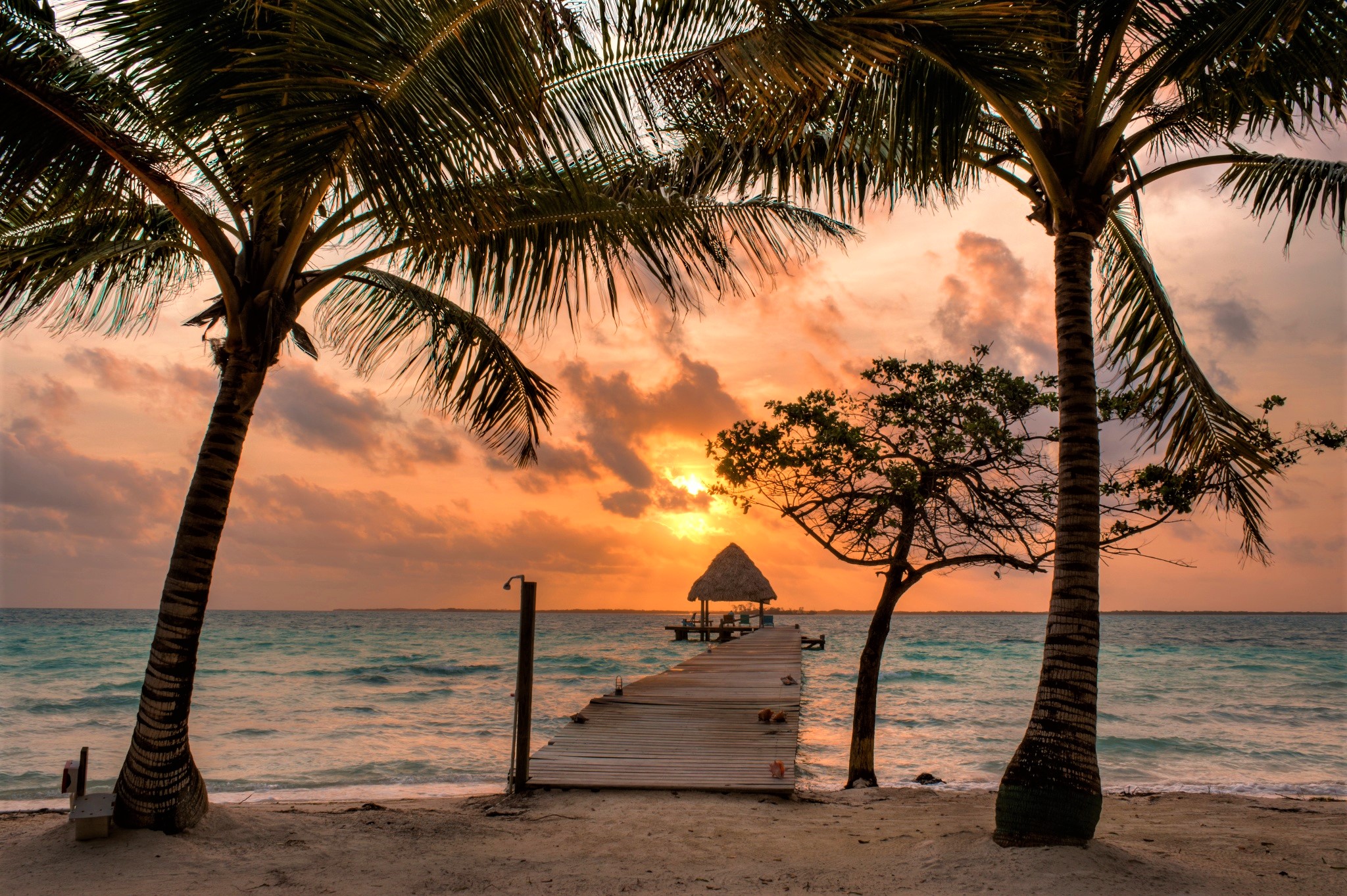 Download mobile wallpaper Sunset, Sea, Horizon, Pier, Ocean, Tropical, Man Made, Palm Tree for free.