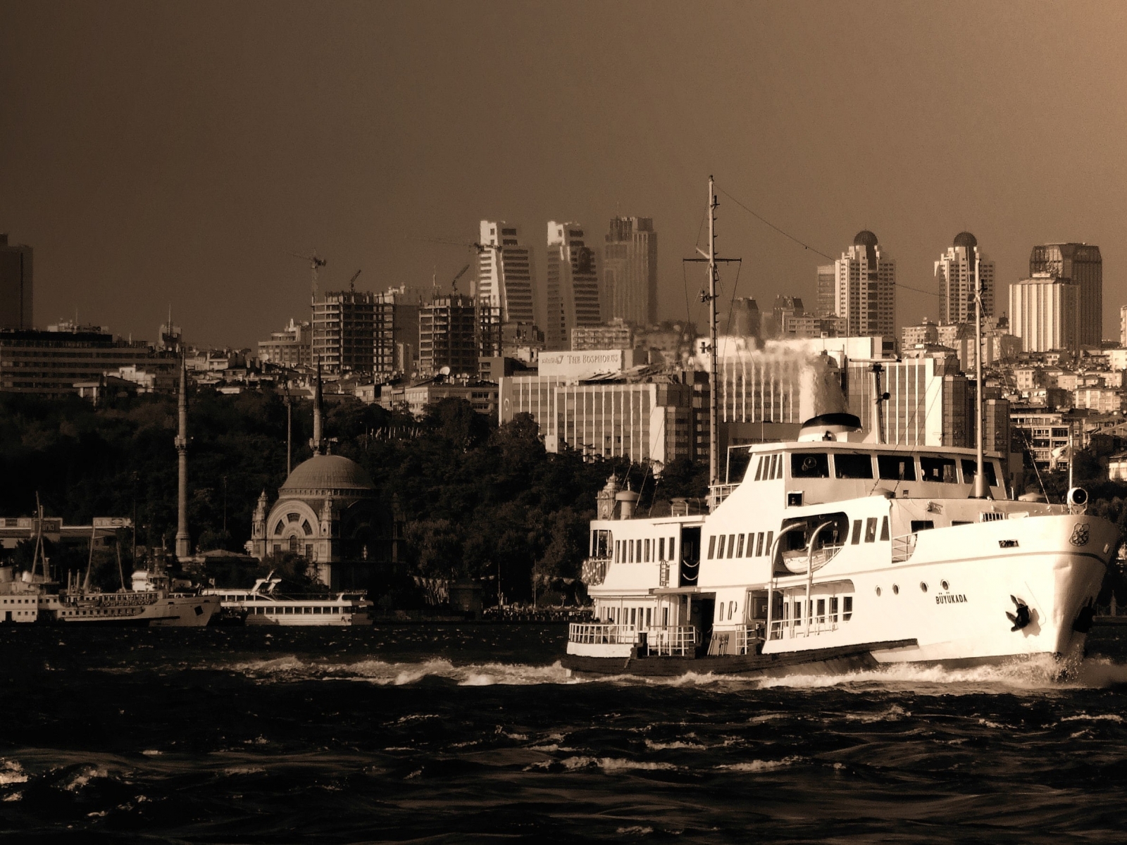 vehicles, ferry, architecture, black & white, building, city, cityscape, turkey