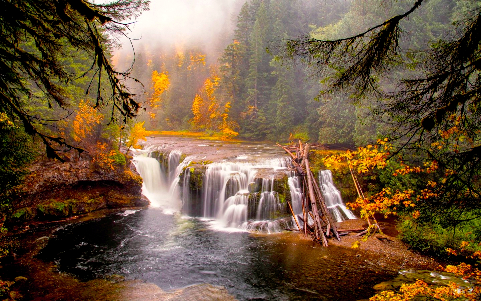 Handy-Wallpaper Herbst, Wasserfall, Wald, Erde/natur kostenlos herunterladen.