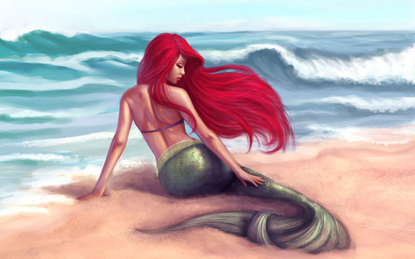 mermaid, ariel (the little mermaid), movie, the little mermaid (1989), beach, long hair, ocean, red hair, shore, tail, the little mermaid