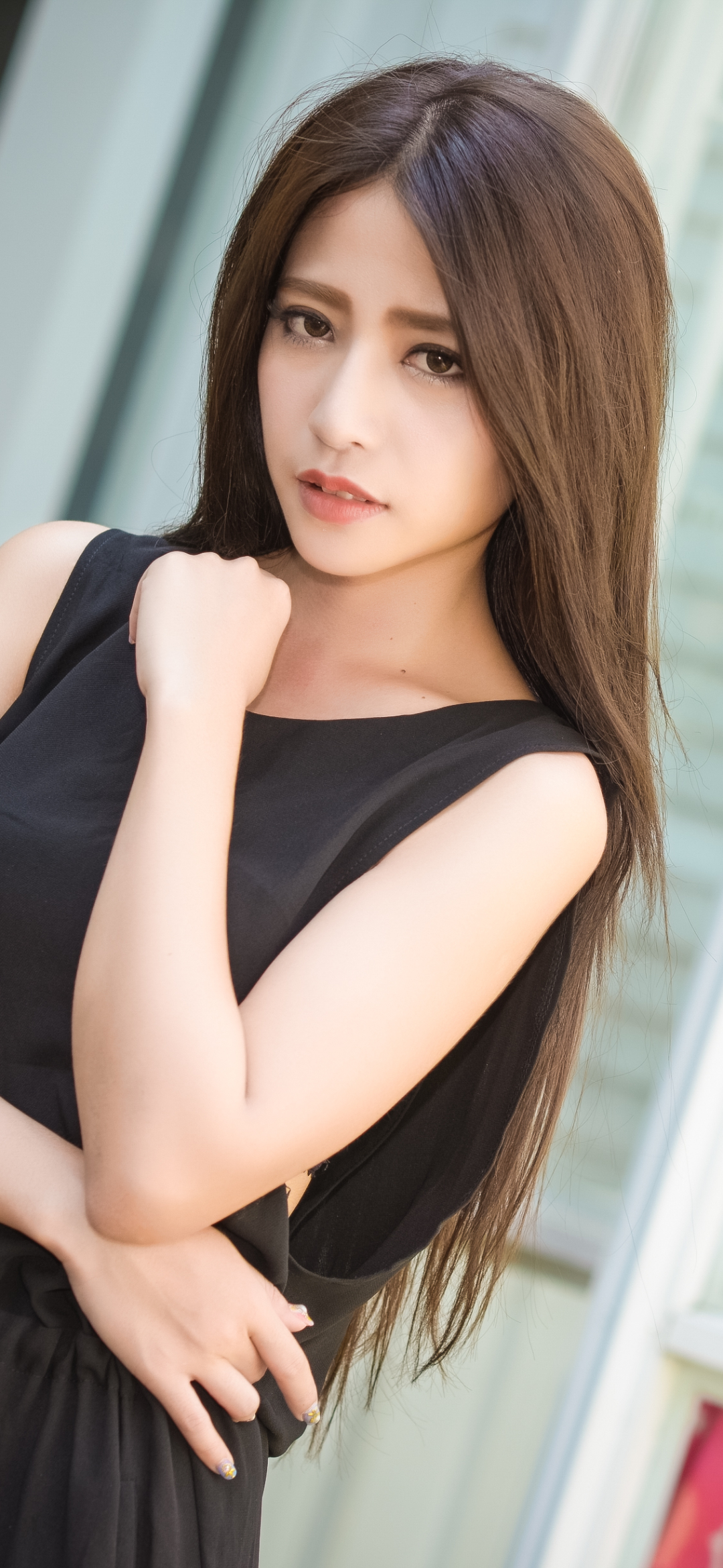 Download mobile wallpaper Brunette, Model, Women, Asian, Brown Eyes, Black Dress for free.