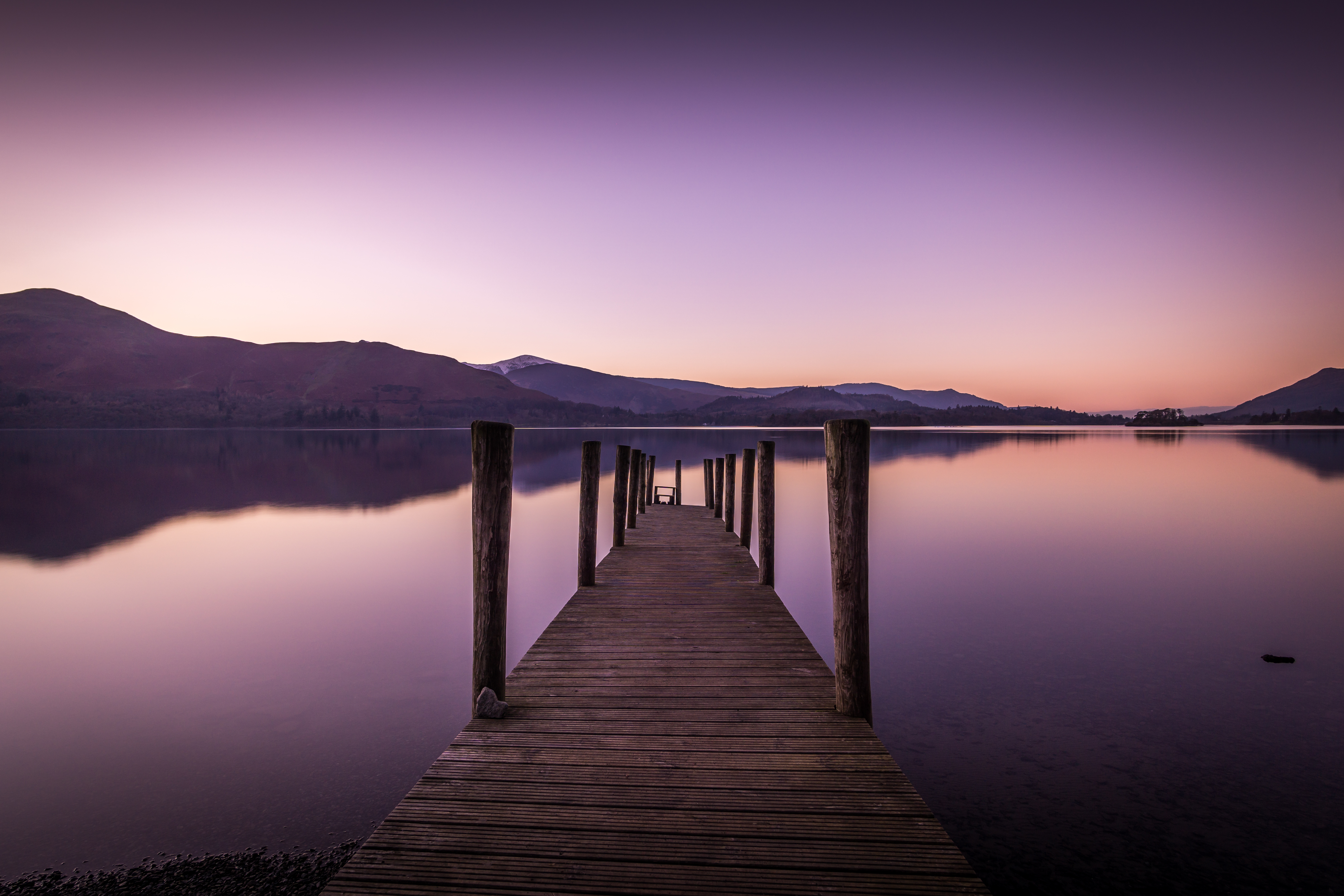 Download mobile wallpaper Rivers, Sunset, Mountains, Nature, Pier for free.