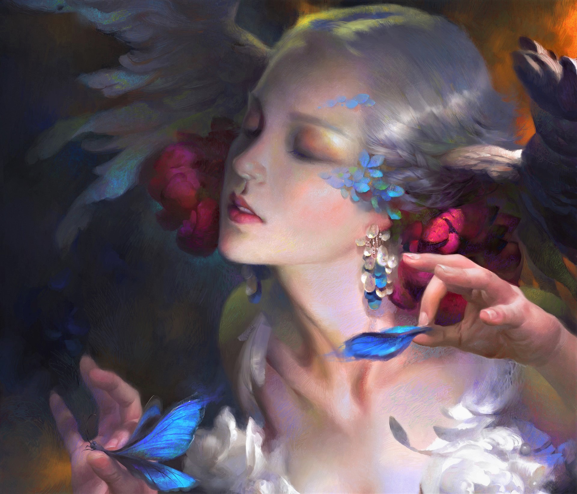 Free download wallpaper Flower, Wings, Painting, Angel, Artistic, Women on your PC desktop