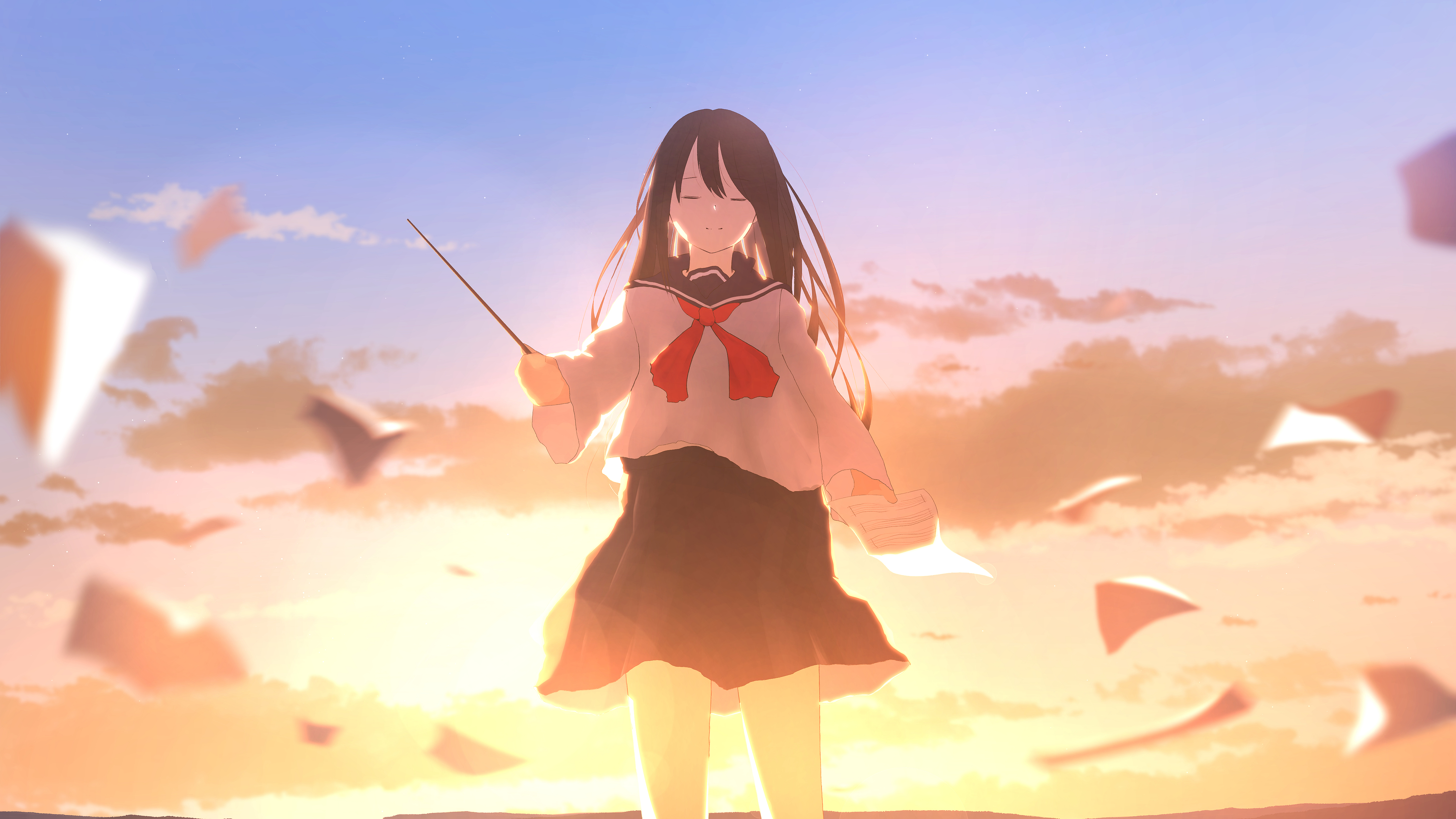 Download mobile wallpaper Anime, Sunset, Sky, Girl, Uniform, School Uniform, Black Hair, Long Hair for free.