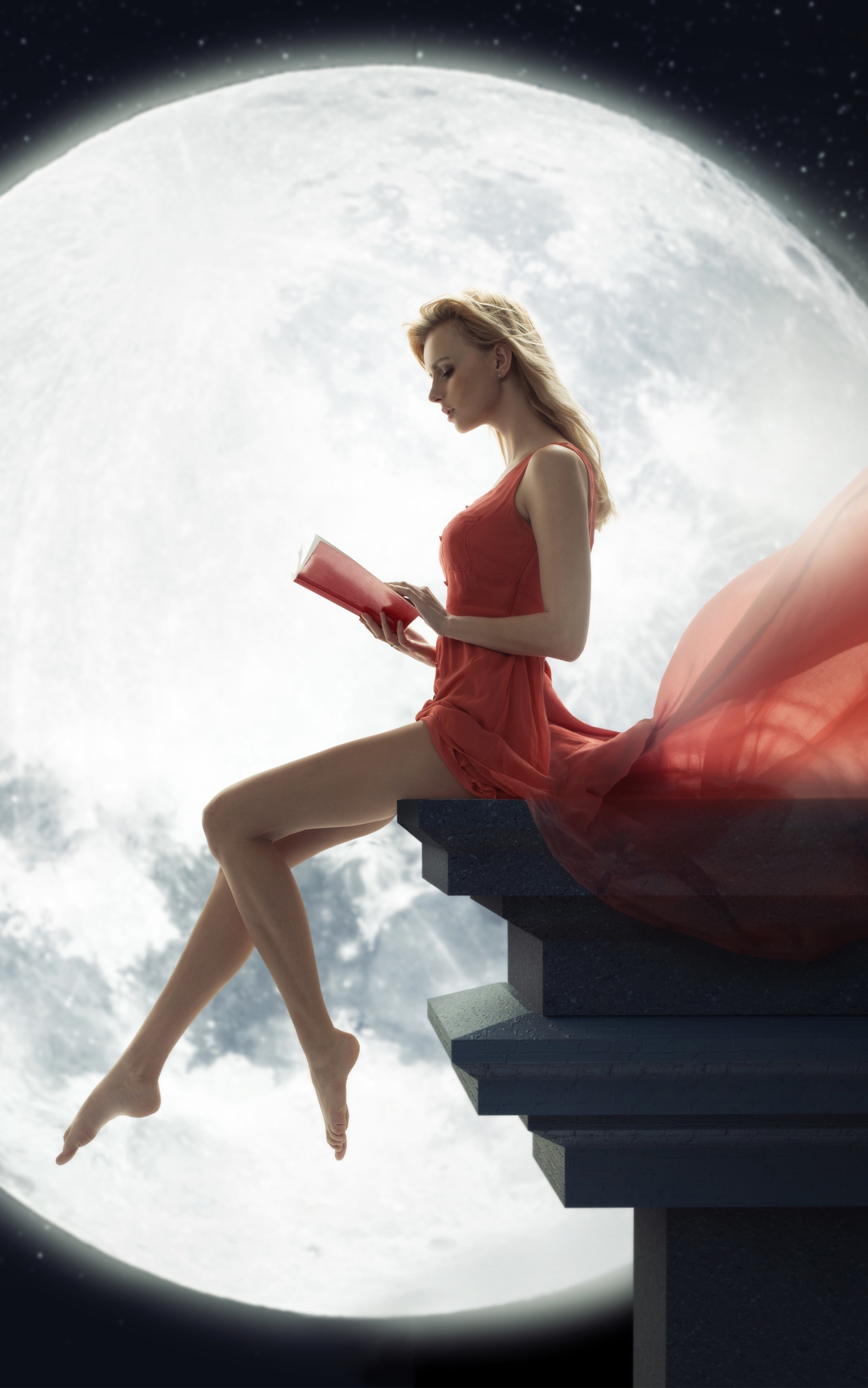 Download mobile wallpaper Fantasy, Moon, Book, Blonde, Women, Feet, Red Dress for free.
