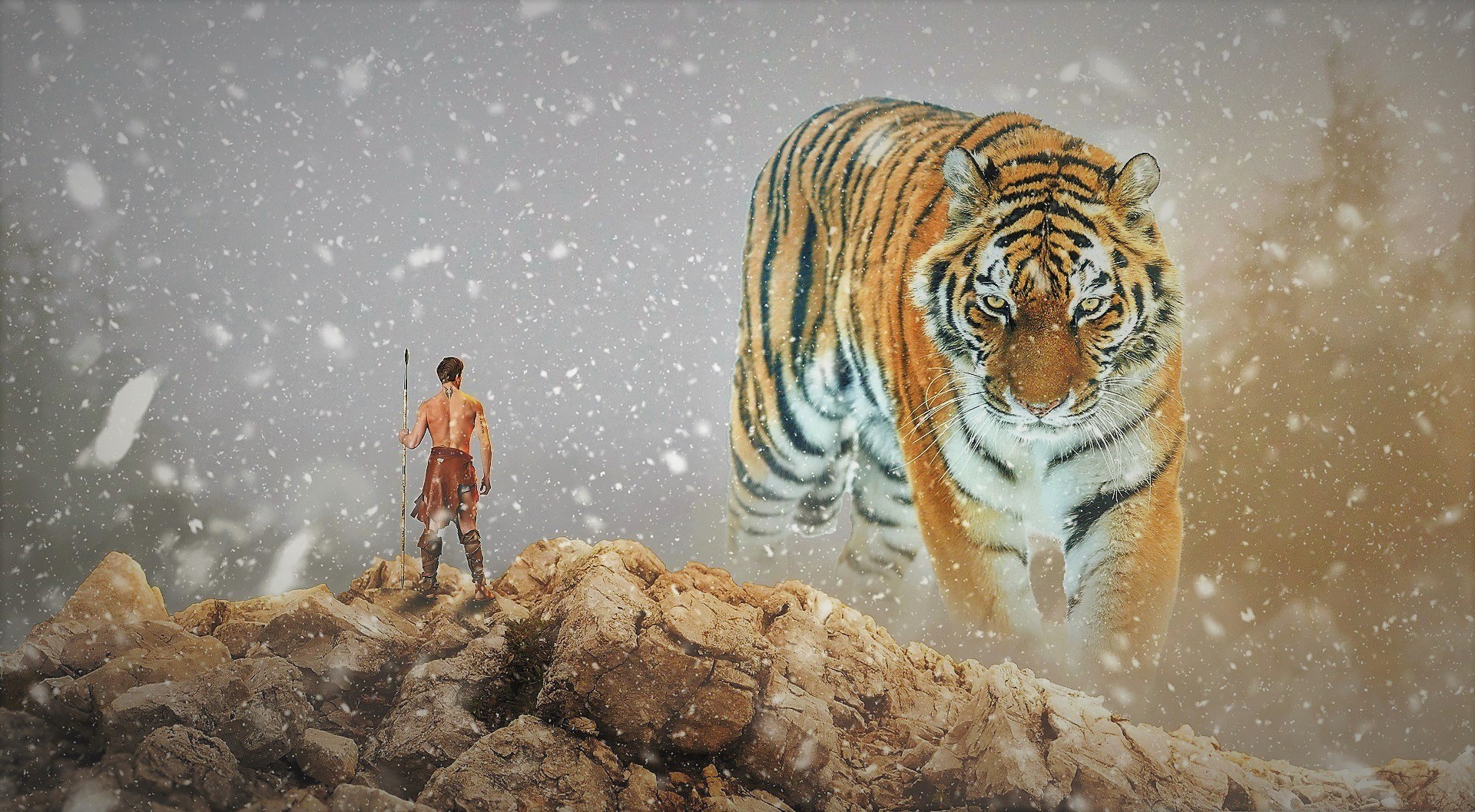 Laden Sie das Winter, Fantasie, Tiger, Krieger, Schneefall, Gigant, Fantasietiere-Bild kostenlos auf Ihren PC-Desktop herunter