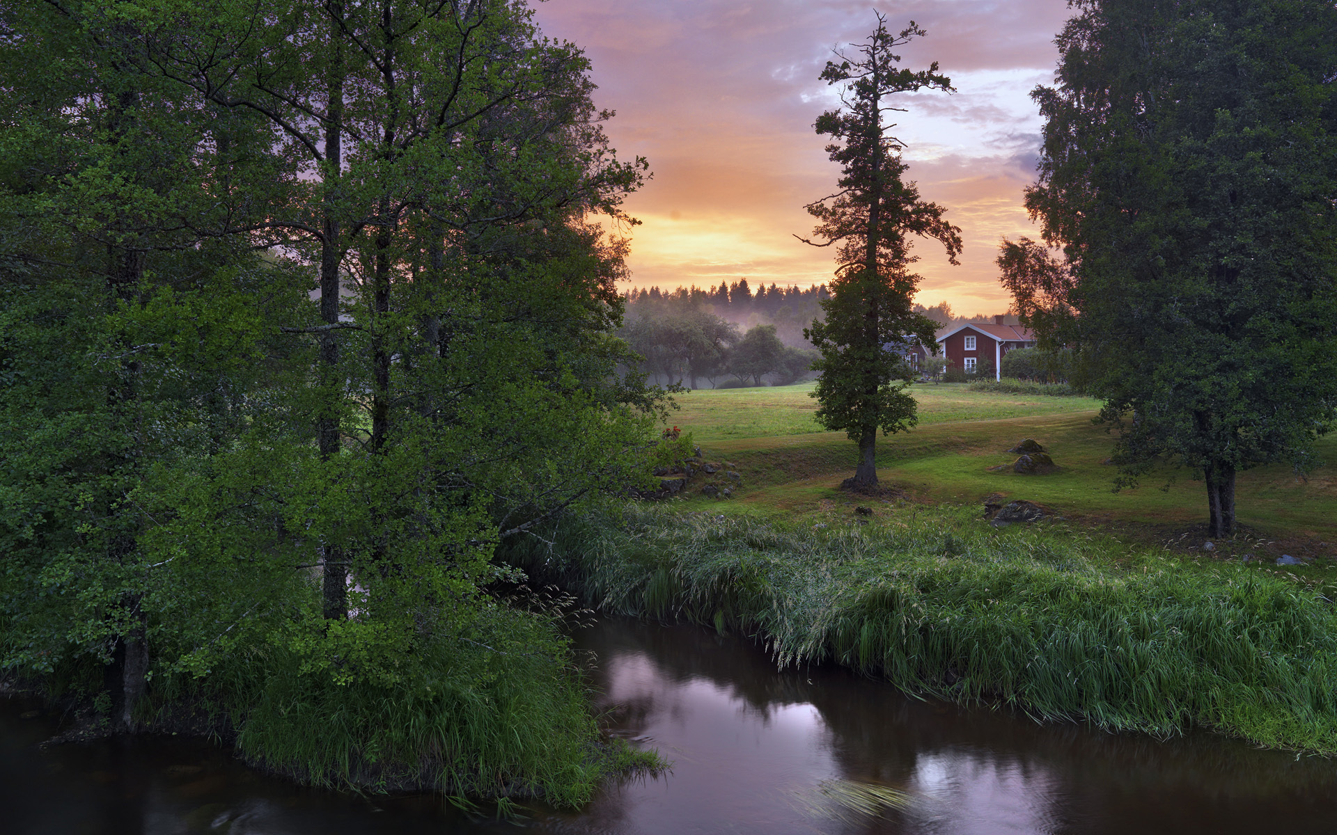 Скачать картинку Пейзаж, Река, Дерево, Дом, Швеция, Фотографии в телефон бесплатно.