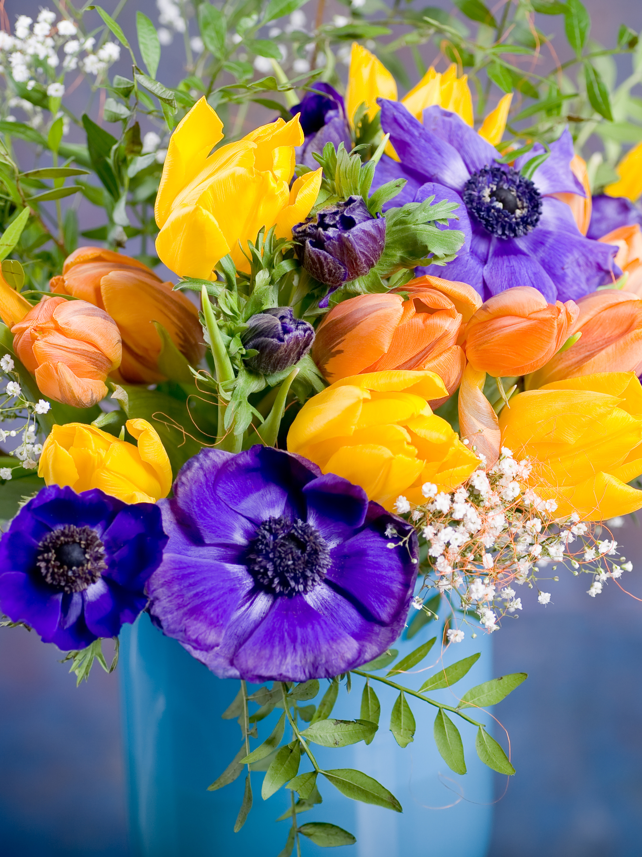 Download mobile wallpaper Flower, Colorful, Spring, Yellow Flower, Purple Flower, Man Made, Orange Flower for free.