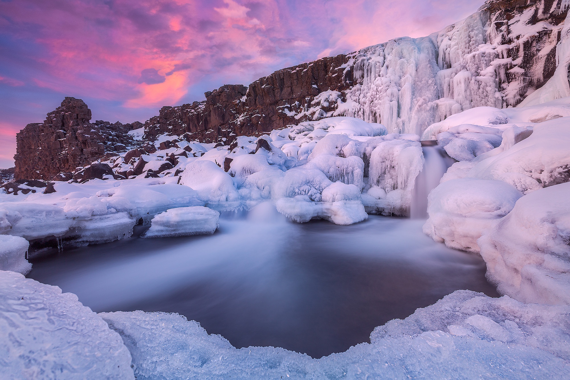 Download mobile wallpaper Winter, Sunset, Ice, Waterfall, Earth, National Park, Iceland, Öxarárfoss for free.