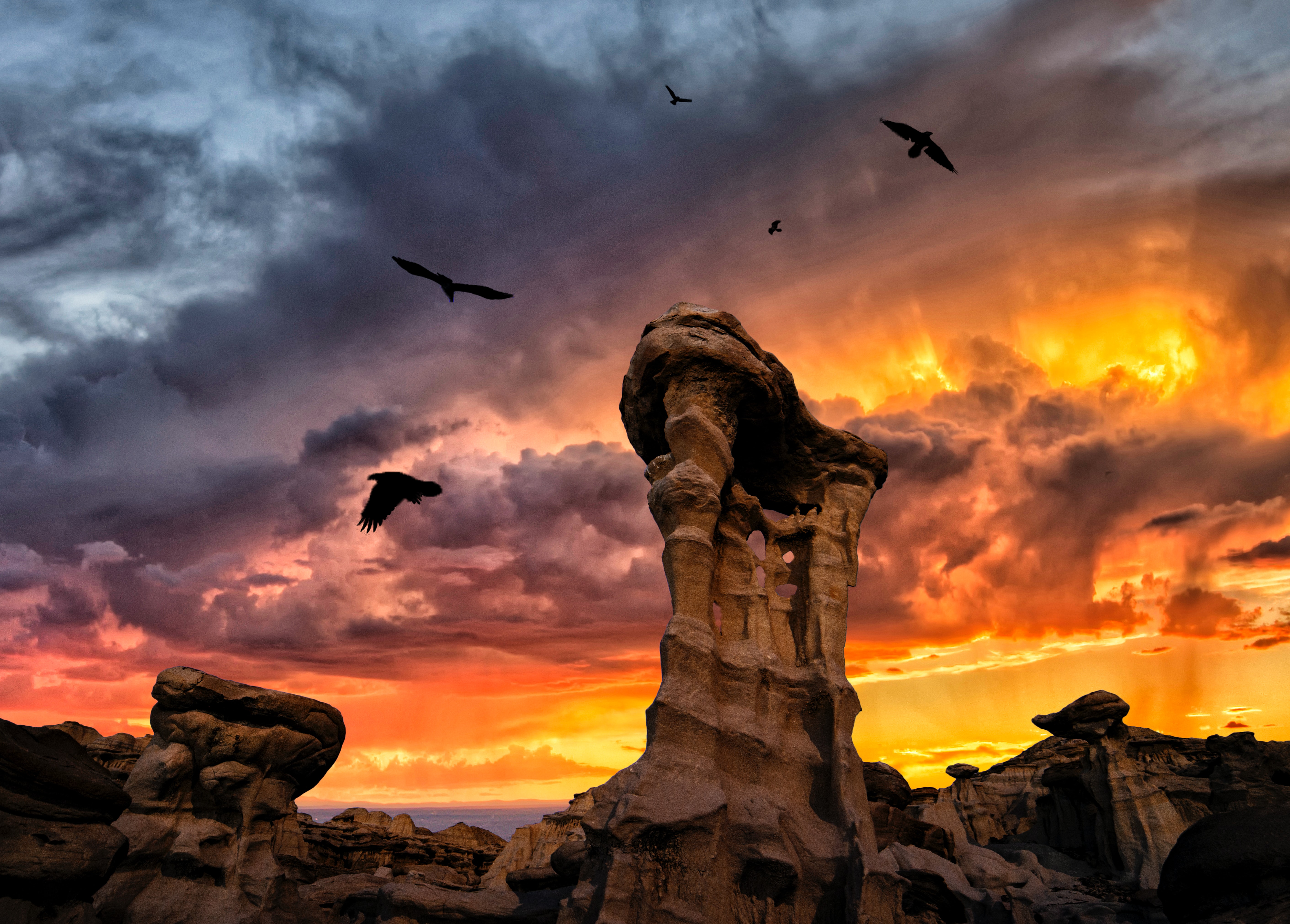Download mobile wallpaper Clouds, Rocks, Stone, Nature, Sunset, Birds for free.