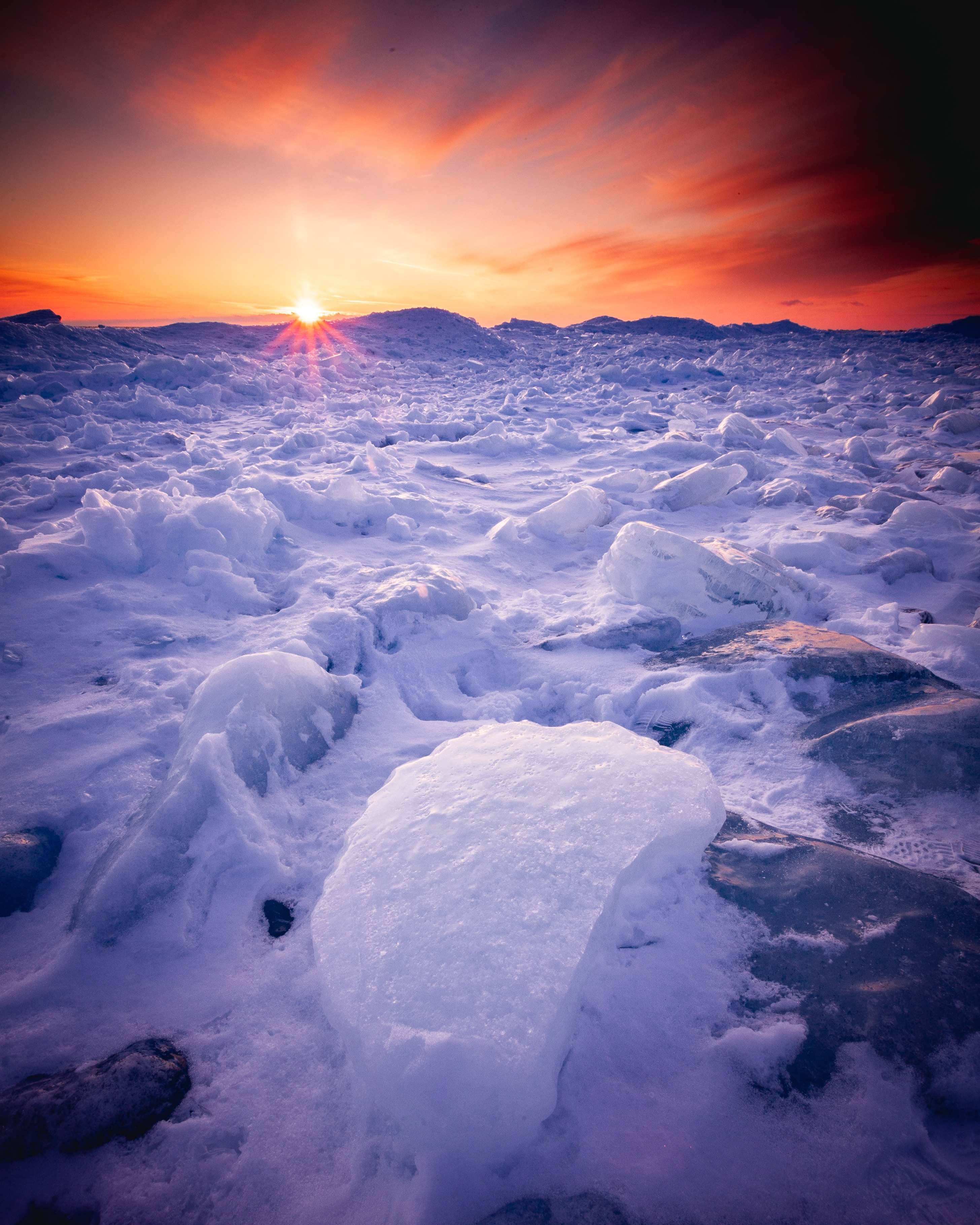 ice, winter, nature, sunset, snow, horizon phone wallpaper