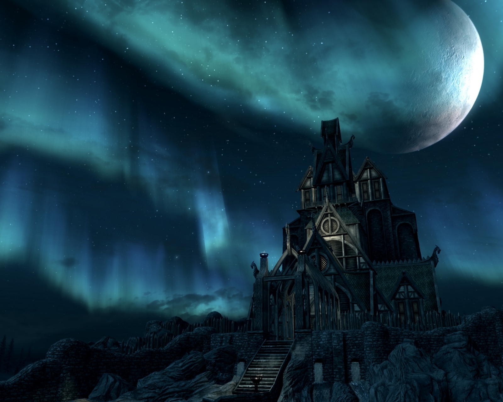 Download mobile wallpaper Moon, Building, Video Game, Skyrim, The Elder Scrolls V: Skyrim, The Elder Scrolls for free.