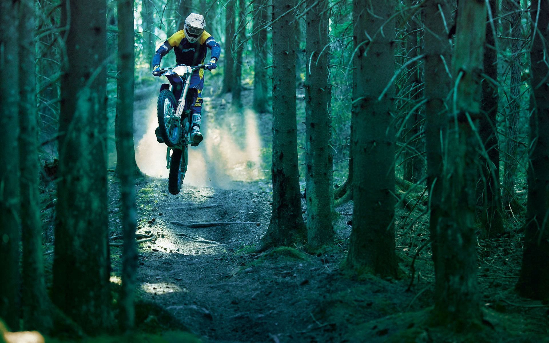 motorcycles, forest, motorcycle, bounce, jump, extreme, racer HD wallpaper