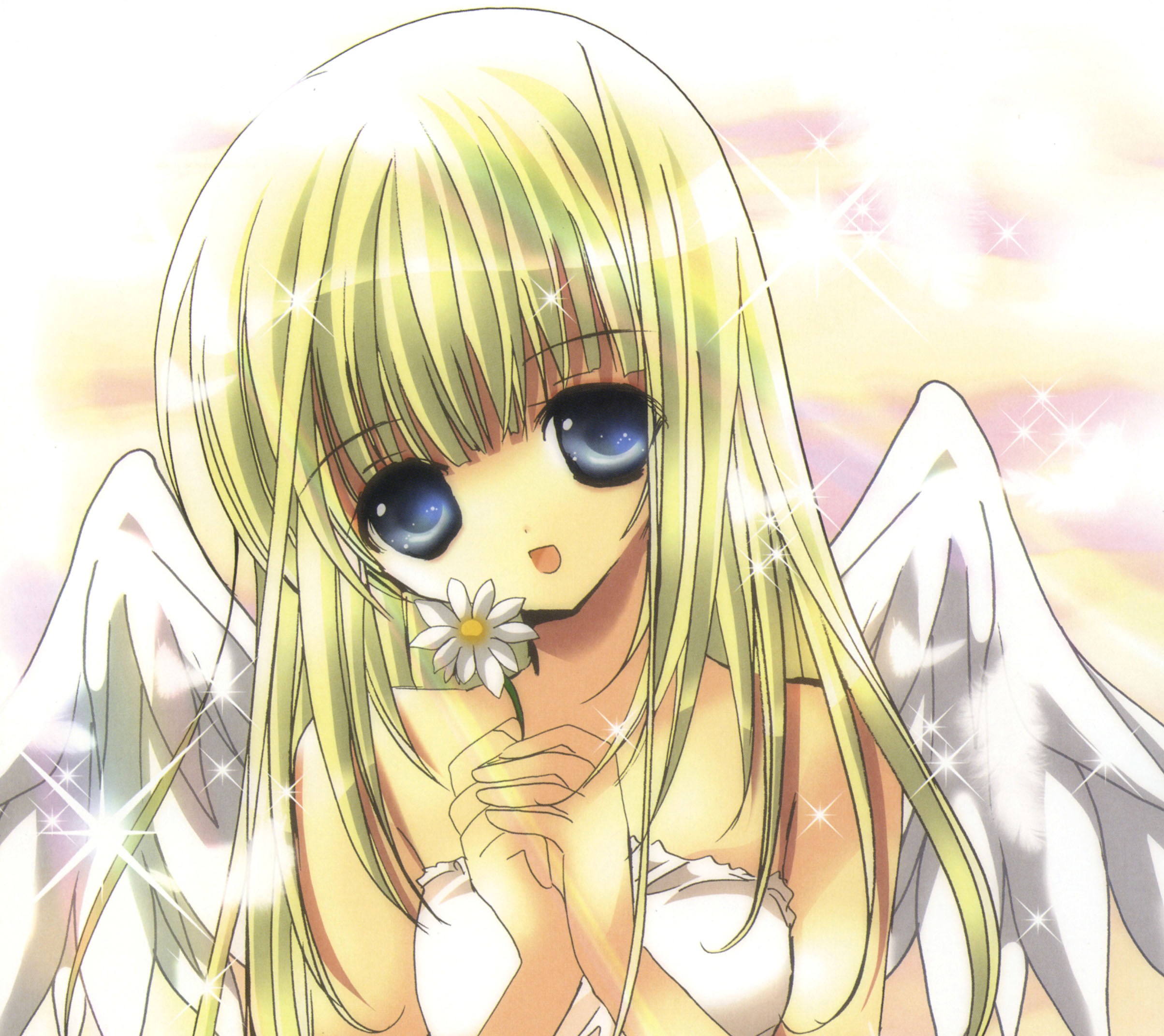 Free download wallpaper Anime, Smile, Wings, Angel, Blonde, Daisy, Blue Eyes, Long Hair on your PC desktop