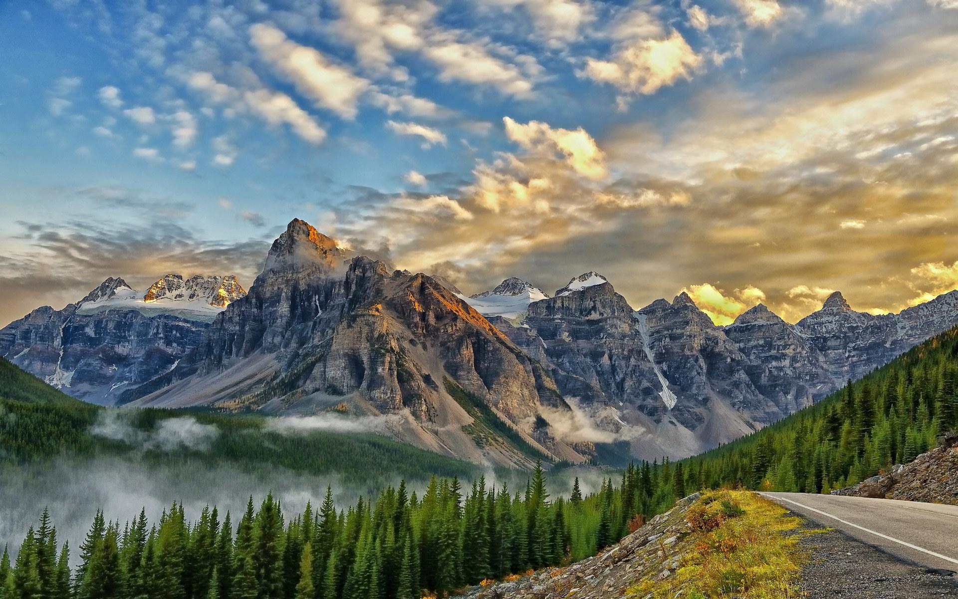 PCデスクトップに風景, 自然, 木, 山, 森, 霧, 地球, 谷, 空, バンフ国立公園, 山岳, クラウド画像を無料でダウンロード