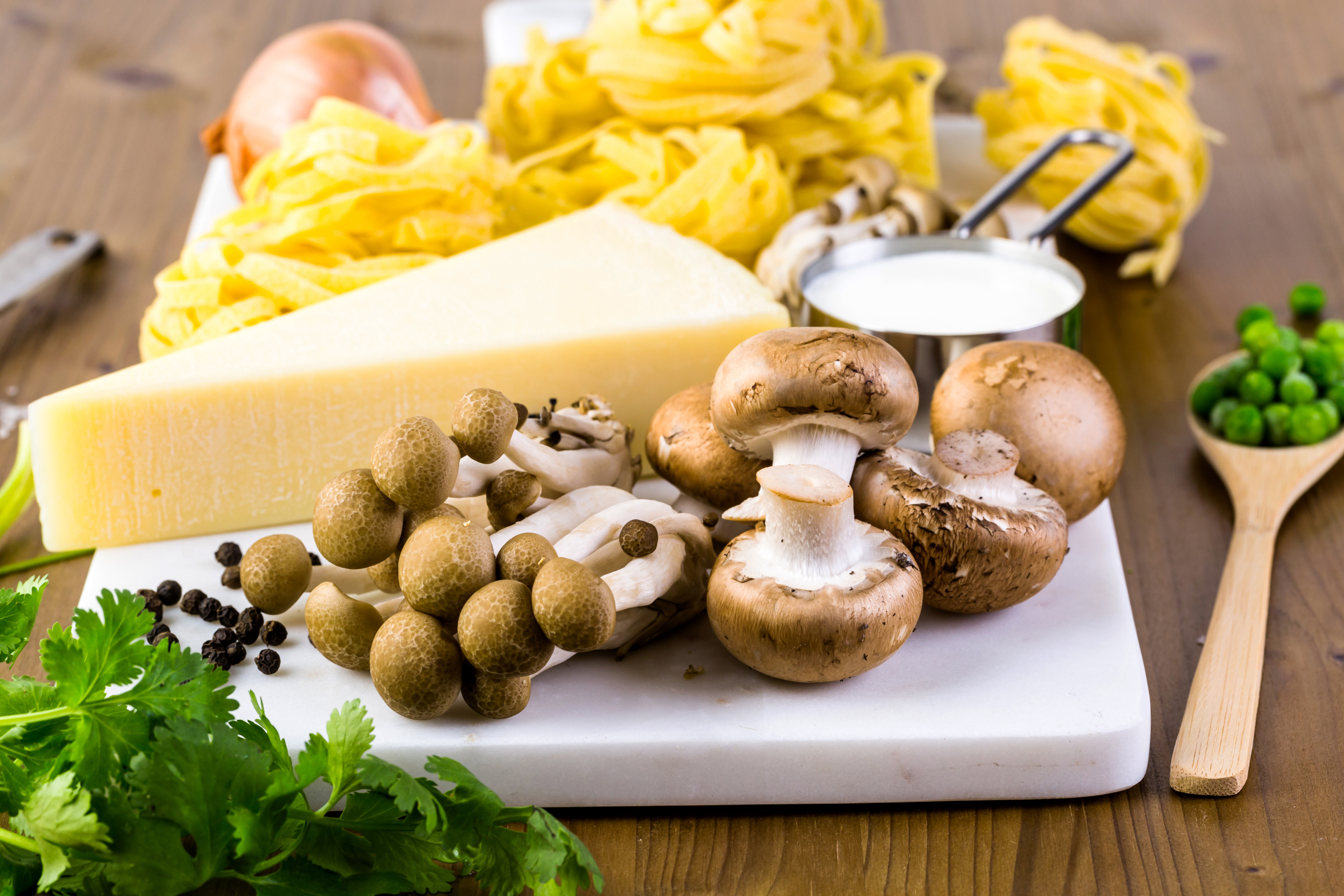 Download mobile wallpaper Food, Cheese, Still Life, Mushroom, Pasta for free.