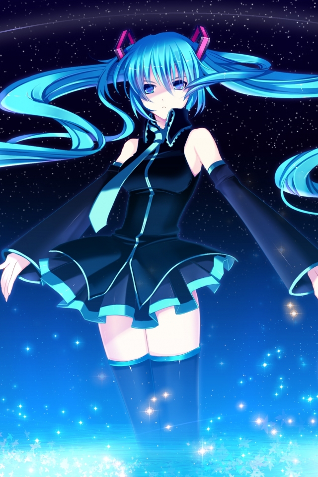 Descarga gratuita de fondo de pantalla para móvil de Cielo, Estrellas, Noche, Vocaloid, Vestir, Falda, Atar, Animado, Hatsune Miku, Ojos Aguamarina, Pelo Aguamarina, Colas Gemelas.