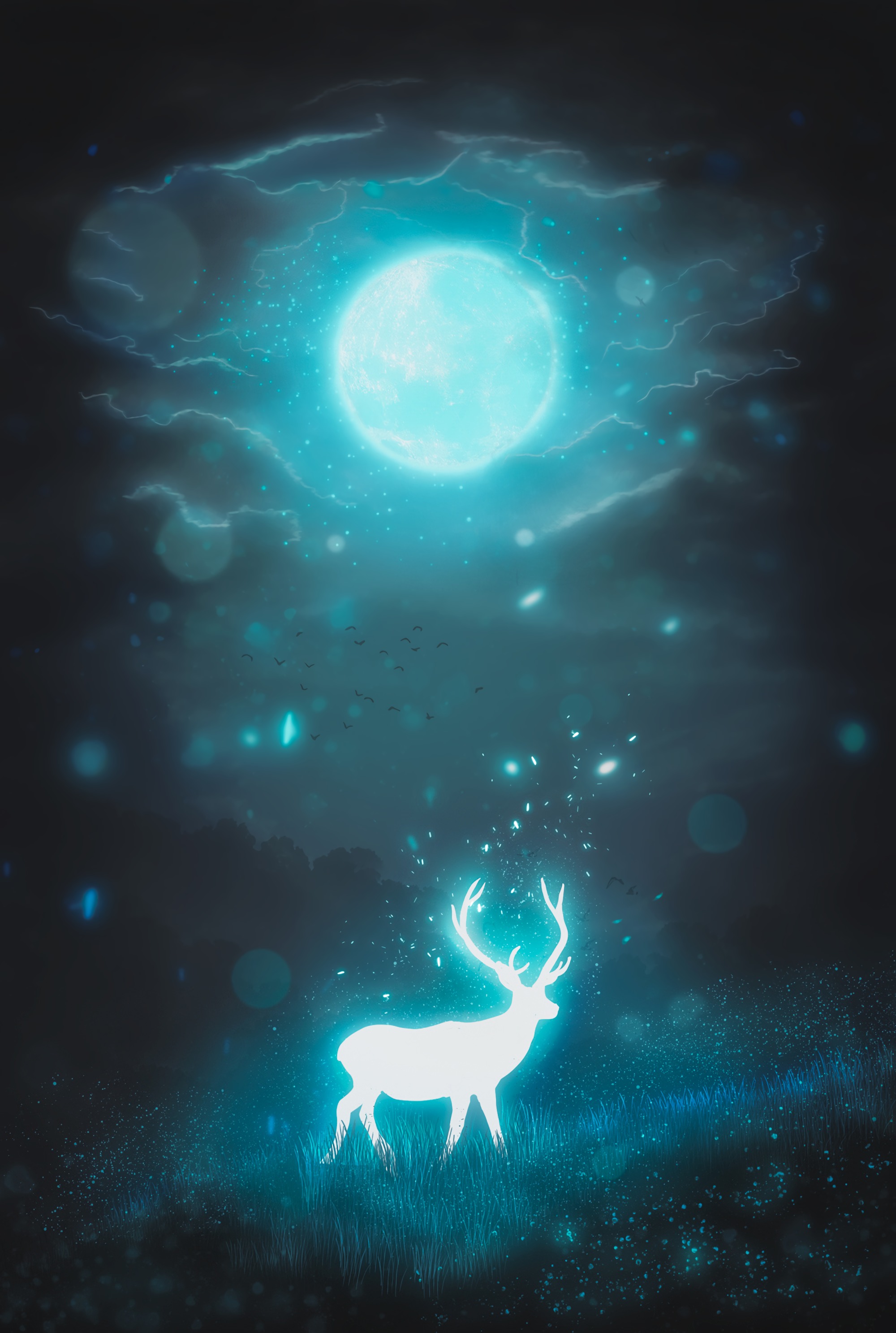 glow, deer, art, moon, glare, night