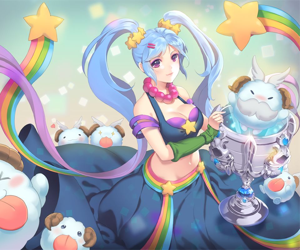 Download mobile wallpaper Rainbow, League Of Legends, Cup, Smile, Necklace, Video Game, Long Hair, Twintails, Pink Eyes, Sona (League Of Legends) for free.