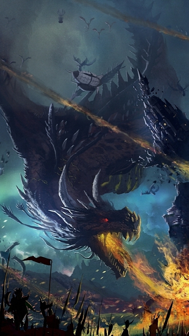 Download mobile wallpaper Fantasy, Fire, City, Dragon, Warrior, Battle for free.