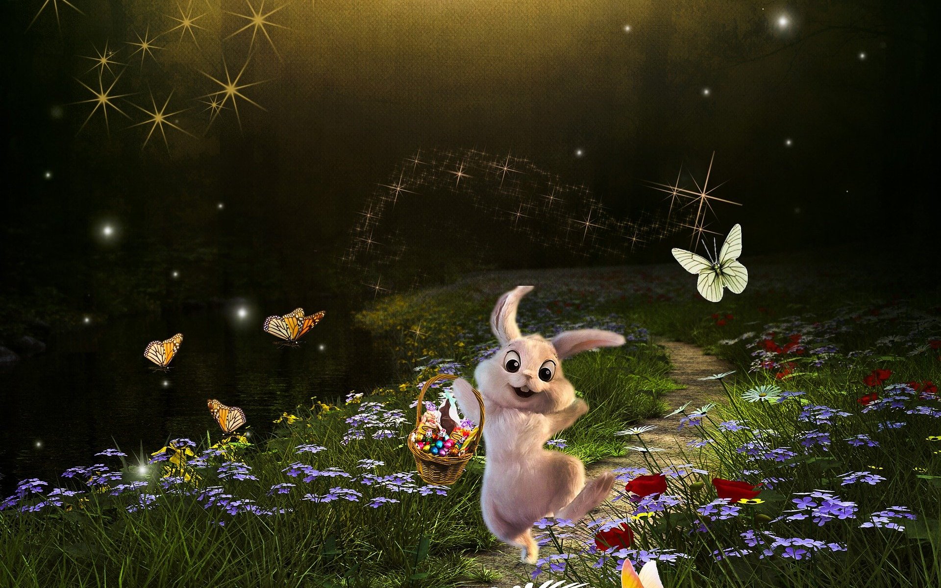 Free download wallpaper Easter, Flower, Holiday, Butterfly, Bunny, Sparkles on your PC desktop