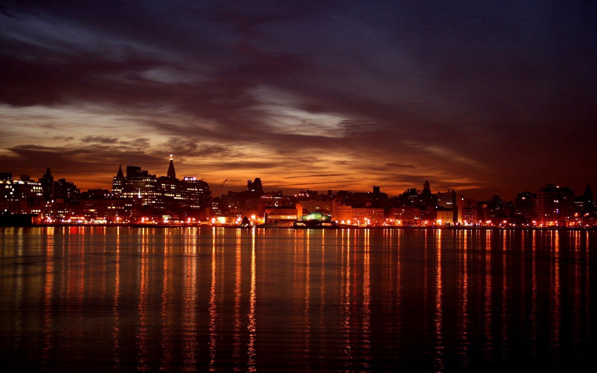 landscape, cities, water, houses, sky, building, lights, reflection, skyscrapers, evening, view, bay, embankment, quay