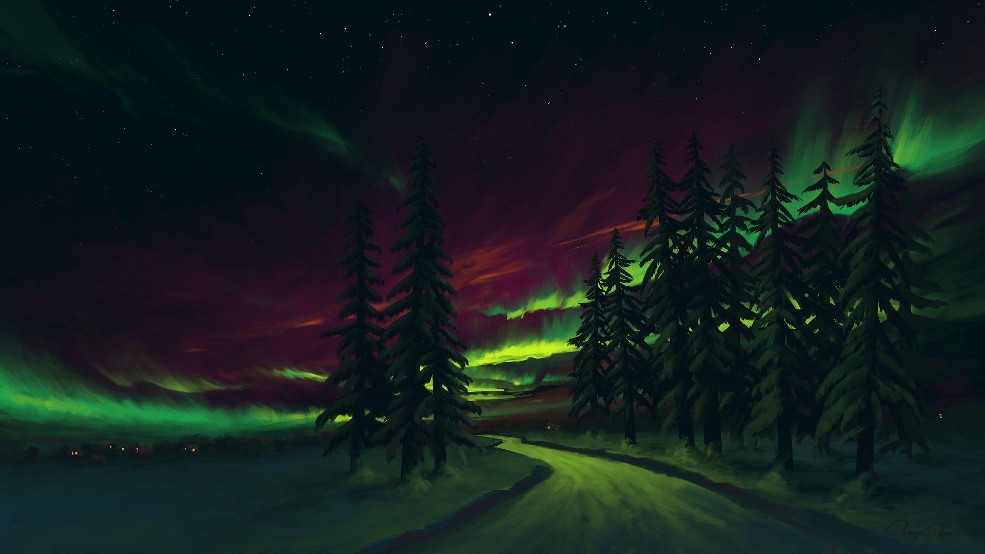Laden Sie das Landschaft, Winter, Nacht, Himmel, Künstlerisch, Nordlicht-Bild kostenlos auf Ihren PC-Desktop herunter