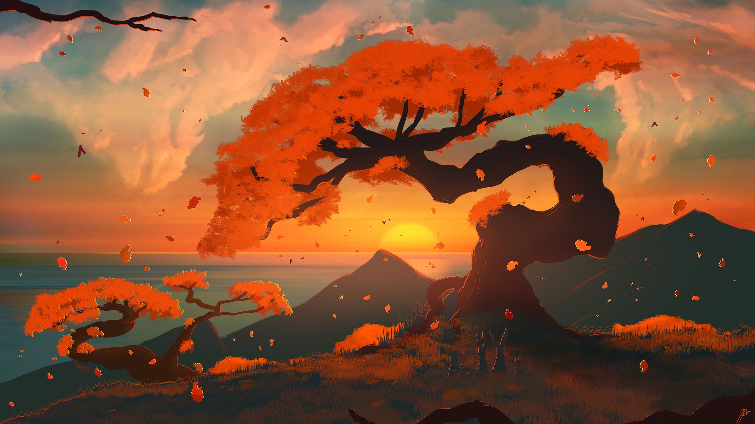 Laden Sie das Baum, Gebirge, Sonnenuntergang, Künstlerisch-Bild kostenlos auf Ihren PC-Desktop herunter