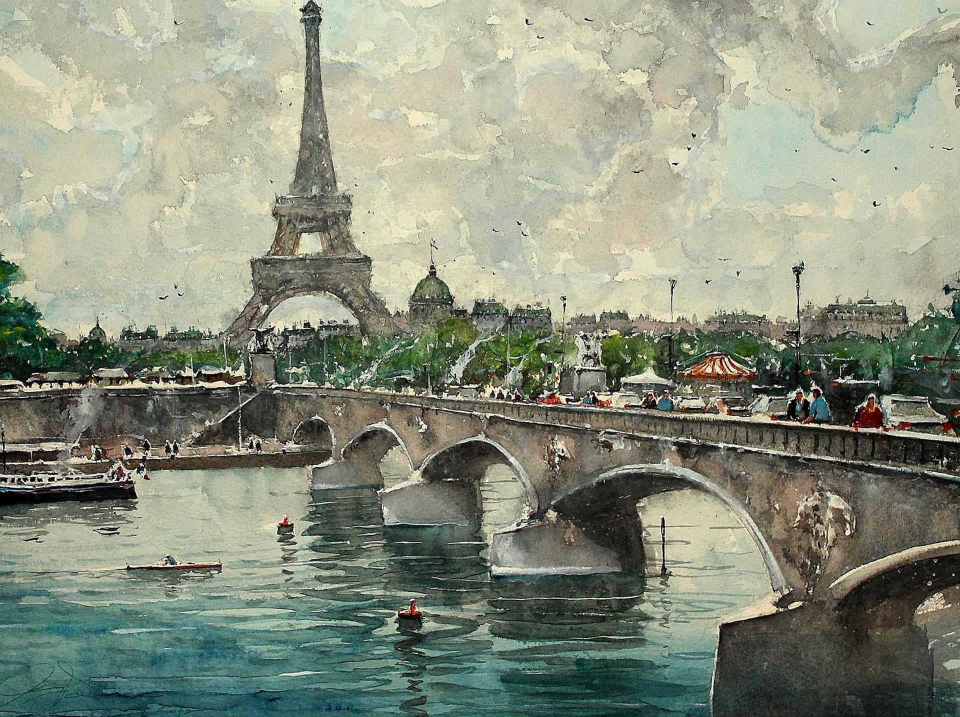 Скачать обои бесплатно Река, Париж, Эйфелева Башня, Мост, Картина, Акварель, Художественные картинка на рабочий стол ПК