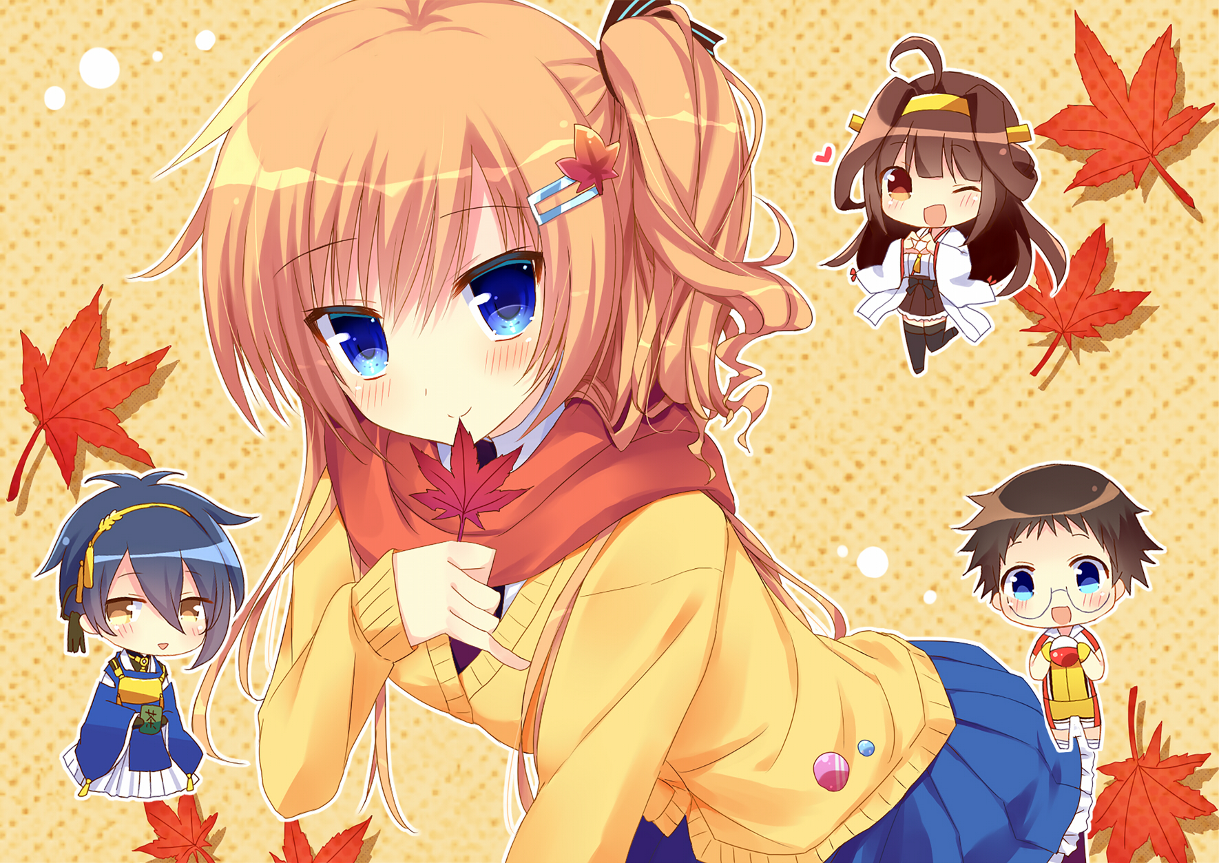 Free download wallpaper Anime, Leaf, School Uniform, Long Hair, Brown Hair, Chibi, Kantai Collection on your PC desktop
